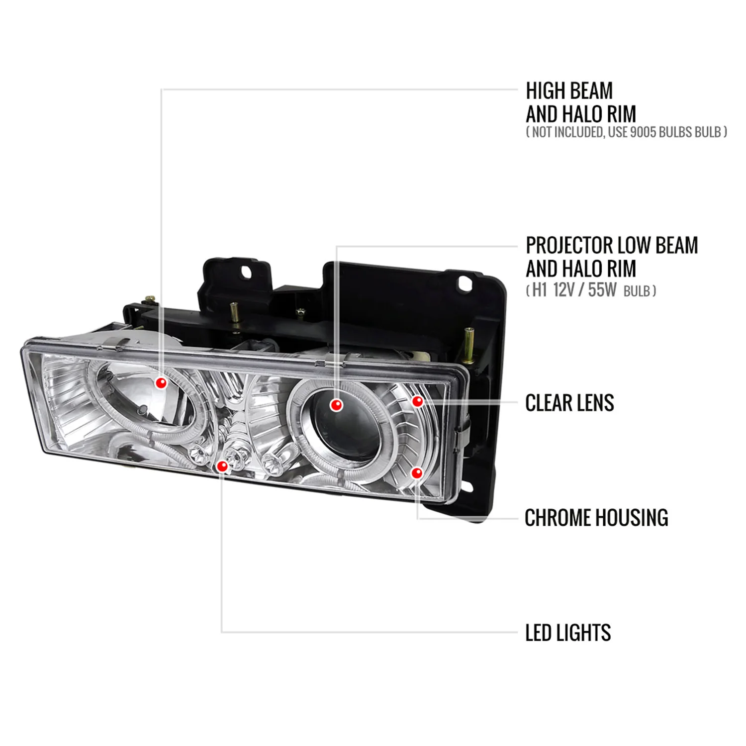 1988-1999 Chevy C/K C10/Blazer/Tahoe/Yukon Dual Halo Headlights Chrome - Image 9