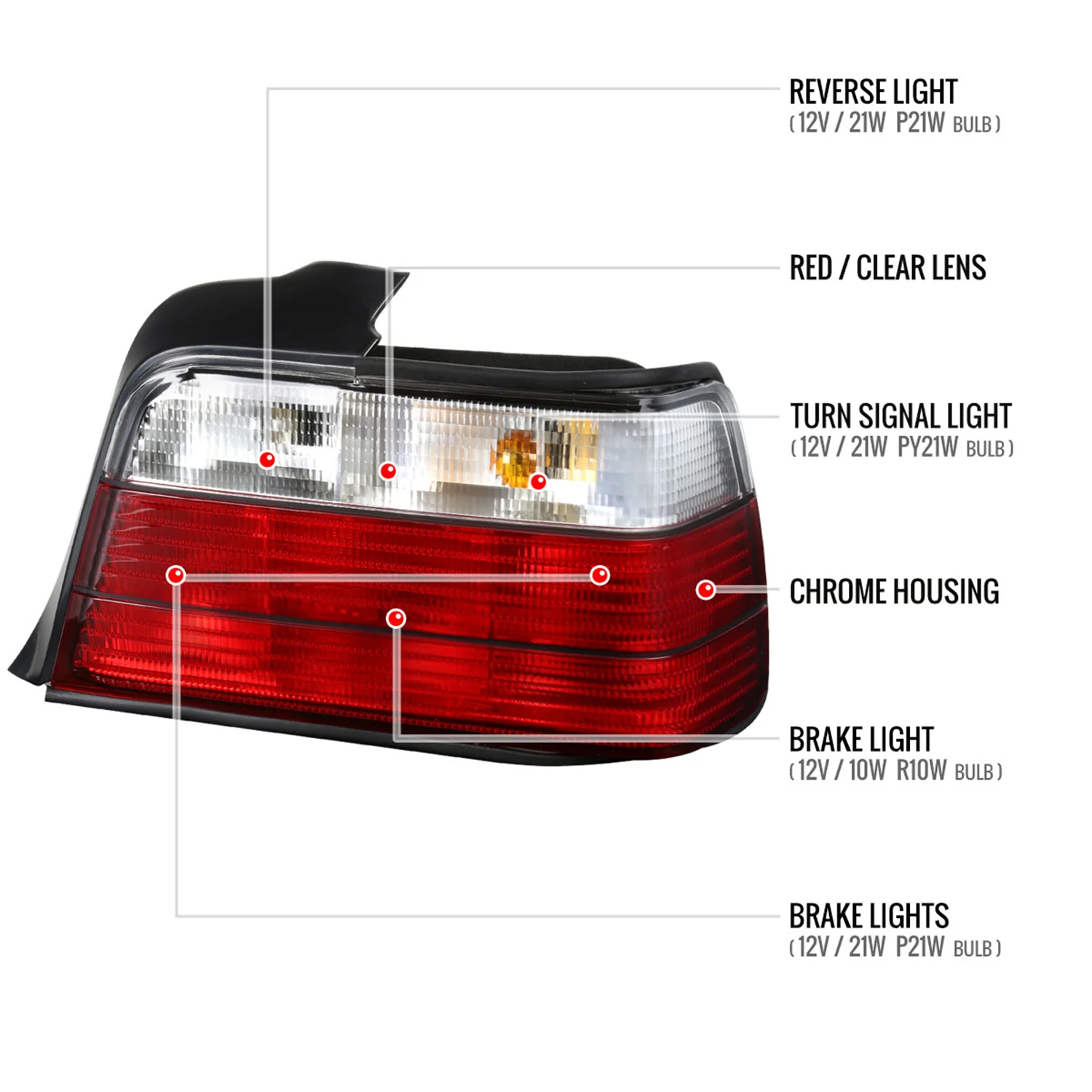 1992-1998 BMW E36 3 Series Sedan Tail Lights Chrome Housing/Red Clear Lens - Image 8