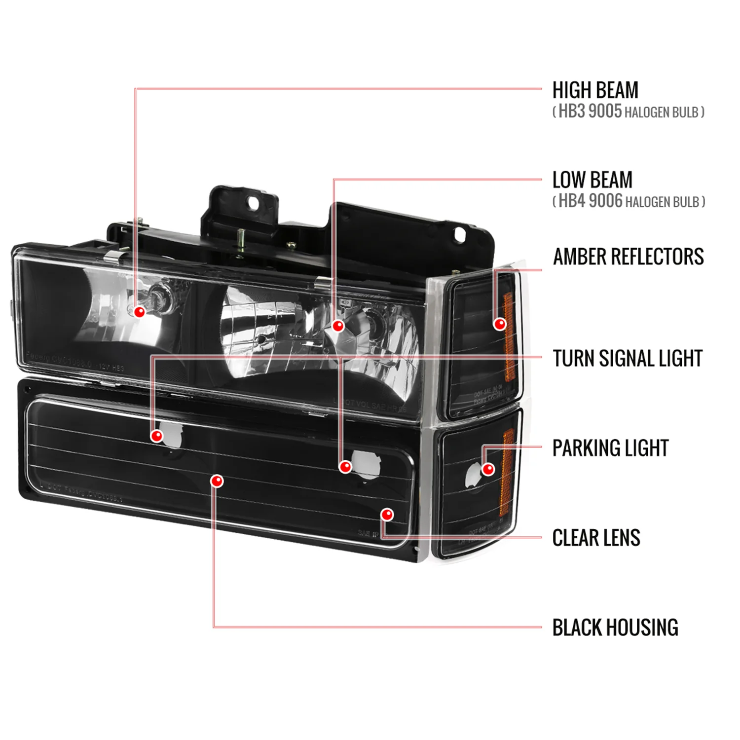 1994-1998 Chevy Silverado/Tahoe/C10 Headlights Bumper&Corner Lights Black - Image 7