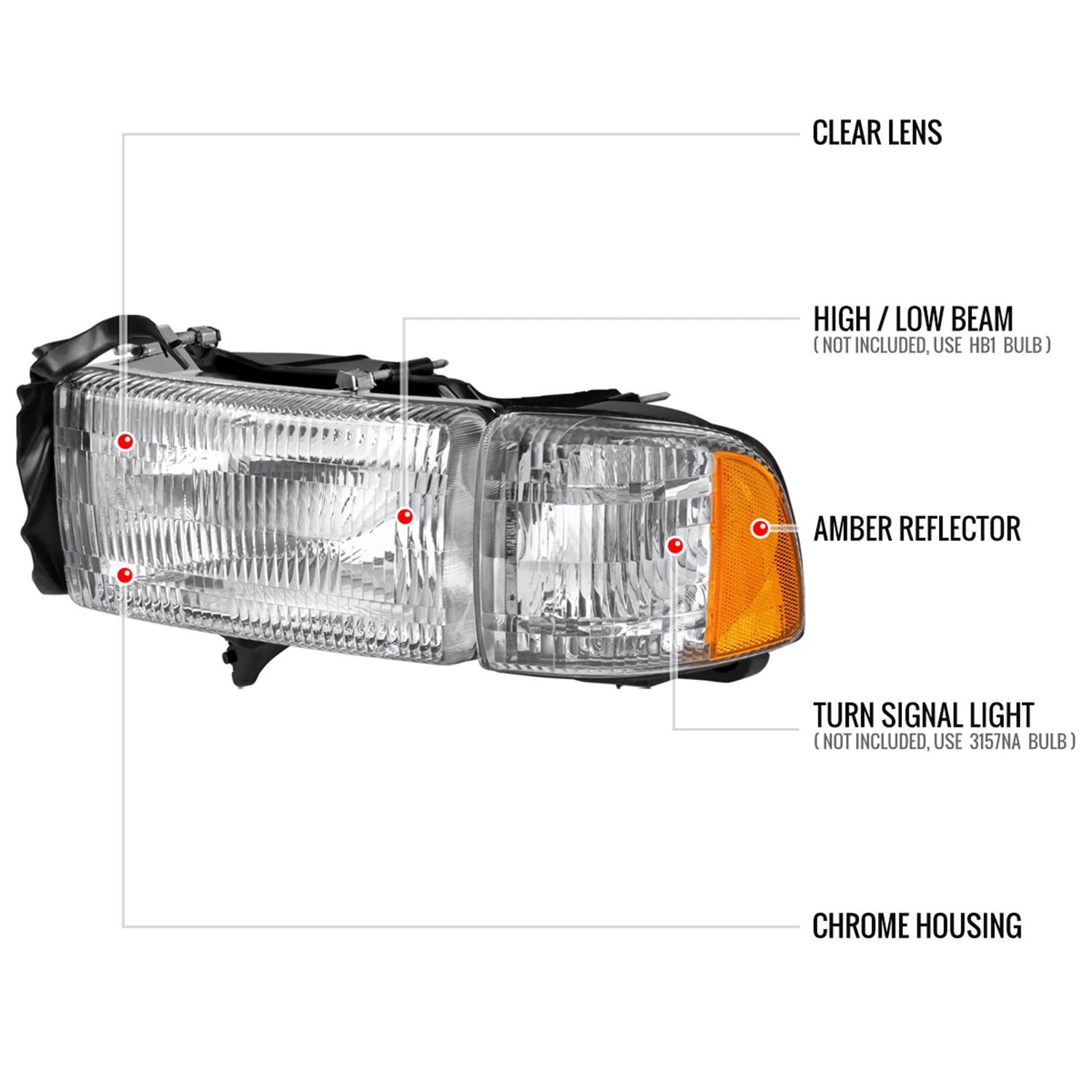 1994-2001 Dodge RAM 1500/2500/3500 Factory Headlights and Corner Lights Chrome - Image 8
