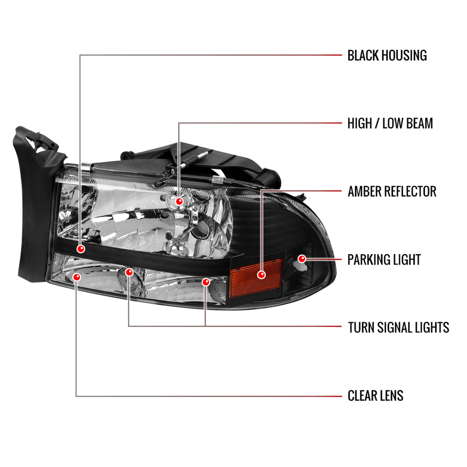 1997-2004 Dodge Dakota/ 1998-2003 Durango Crystal Headlights Matte Black/Clear - Image 8
