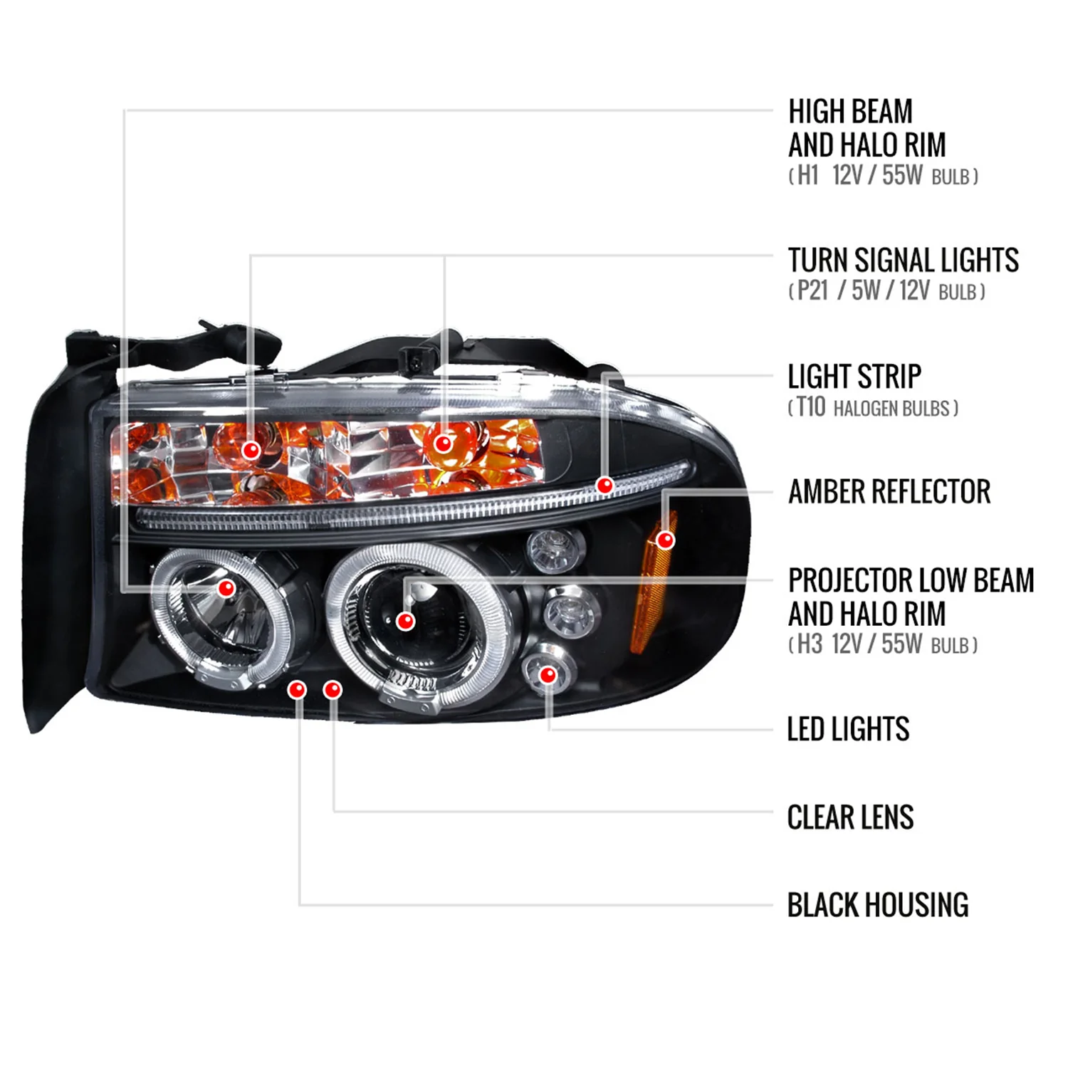 1997-2004 Dodge Dakota/ 1998-2003 Durango Dual Halo Projector Headlights Black - Image 9