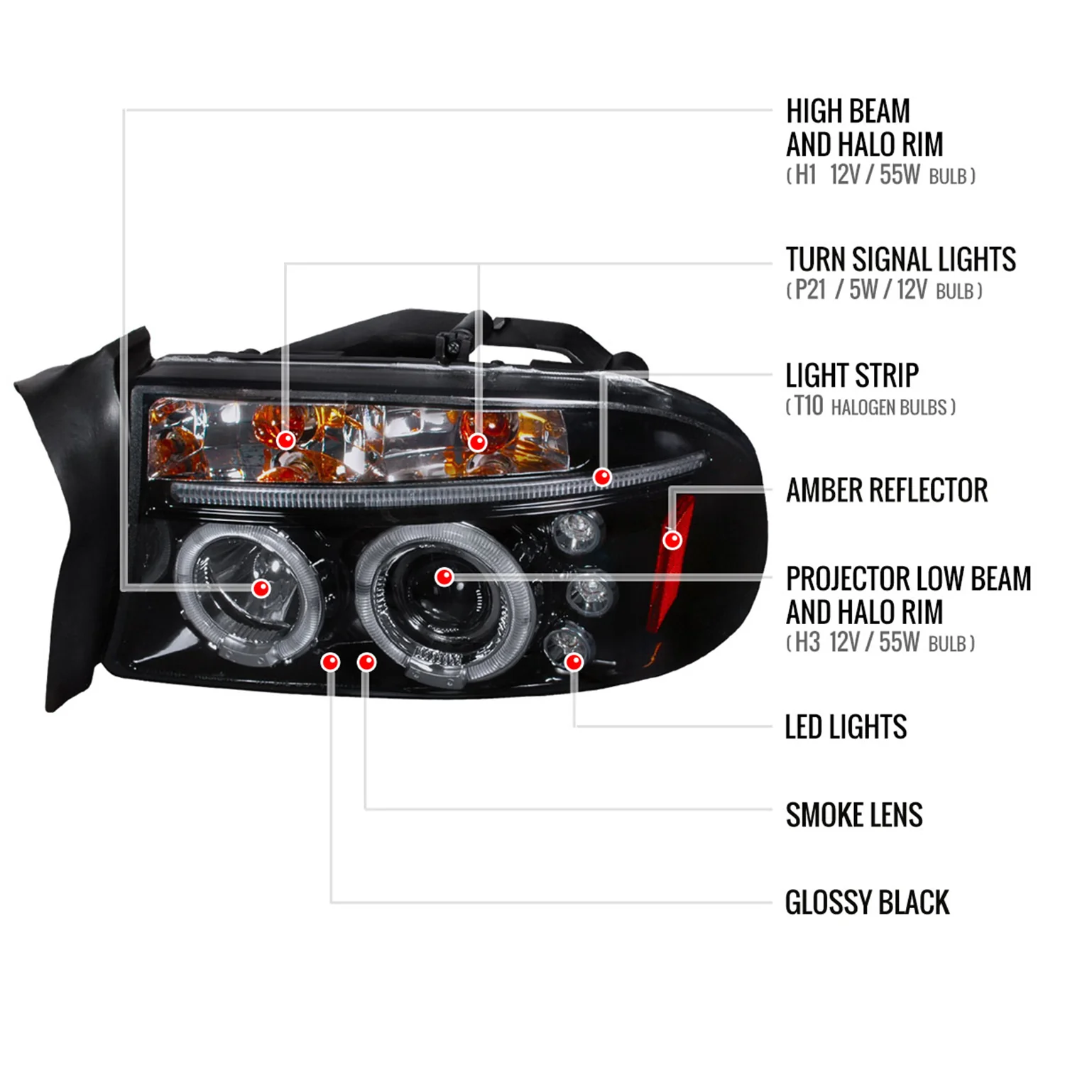 1997-2004 Dodge Dakota/ 1998-2003 Durango Dual Halo Projector Headlights Smoke - Image 9