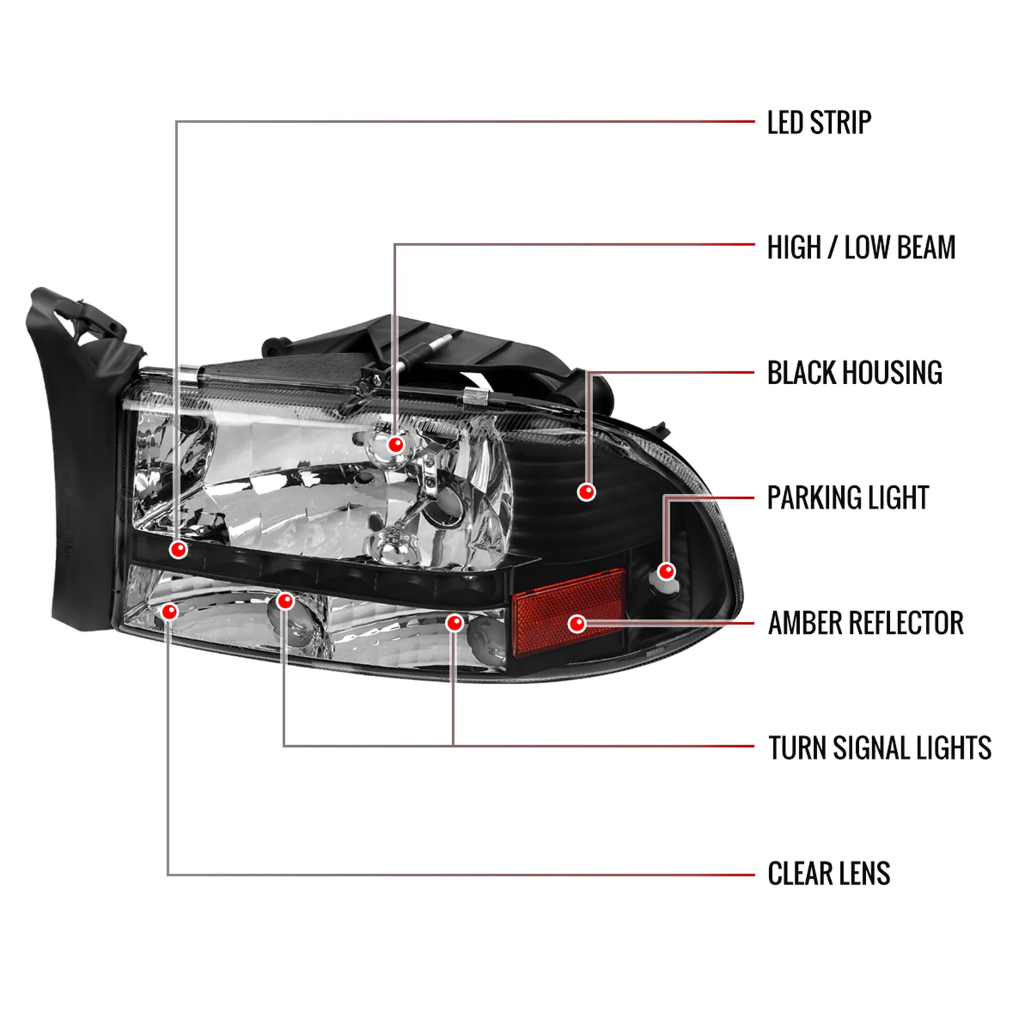 1997-2004 Dodge Dakota/ 1998-2003 Durango LED Factory Crystal Headlights Black - Image 8