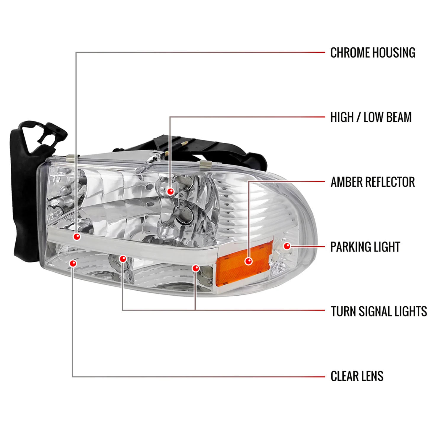 1997-2004 Dodge Dakota/98-2003 Durango Crystal Headlights Amber Reflector Chrome - Image 8