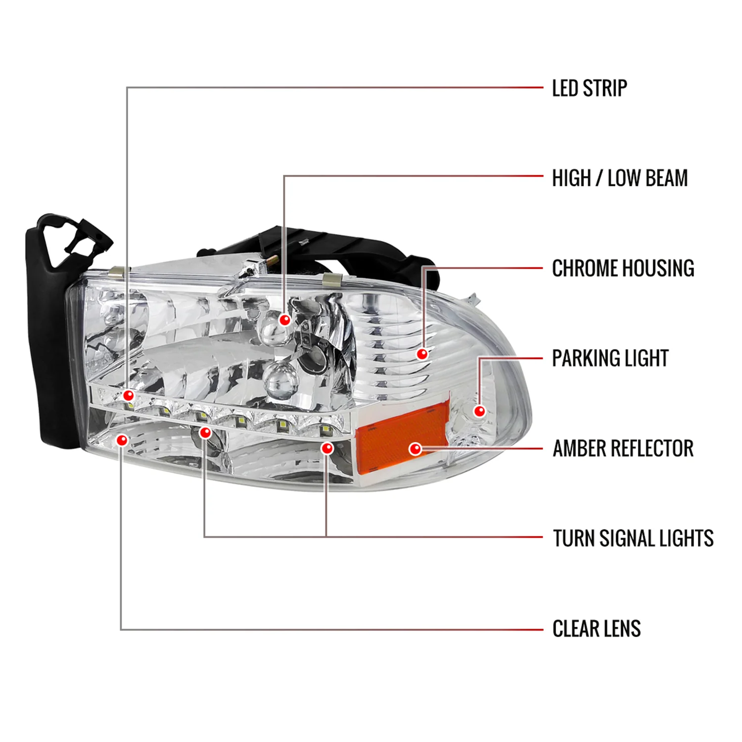 1997-2004 Dodge Dakota/ Durango LED Light Factory Crystal Headlights Chrome - Image 8