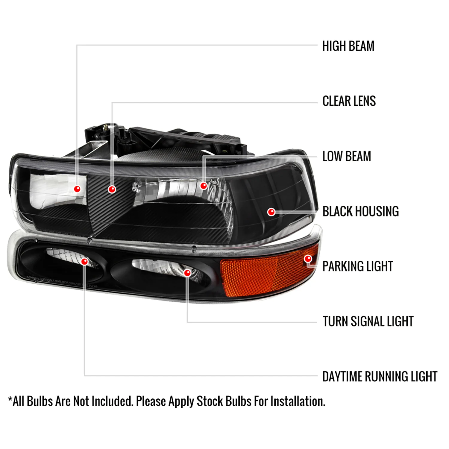 1999-2002 Chevy Silverado/ Tahoe/Suburban Factory Headlights Bumper Black - Image 8