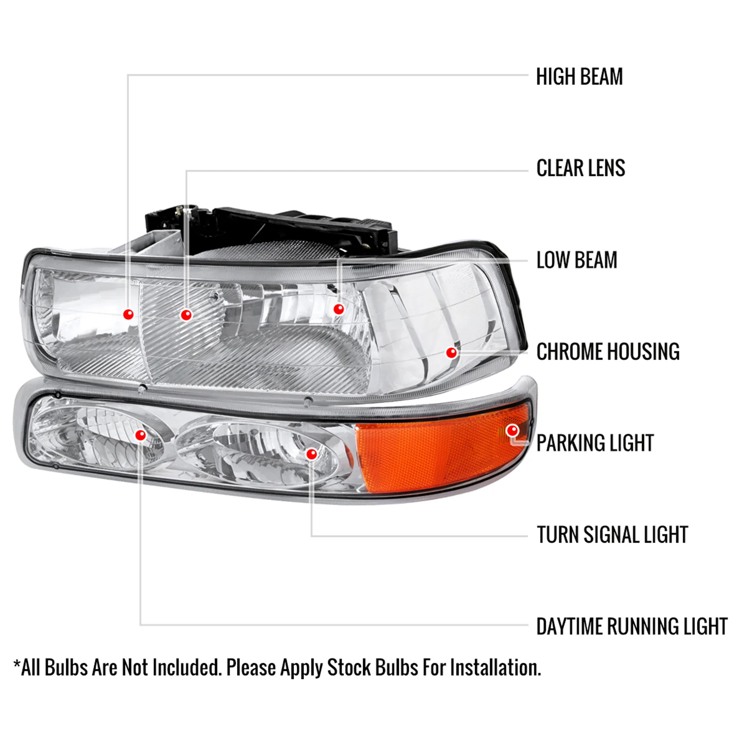 1999-2002 Chevy Silverado/Tahoe/Suburban Headlights Bumper Light Chrome - Image 8