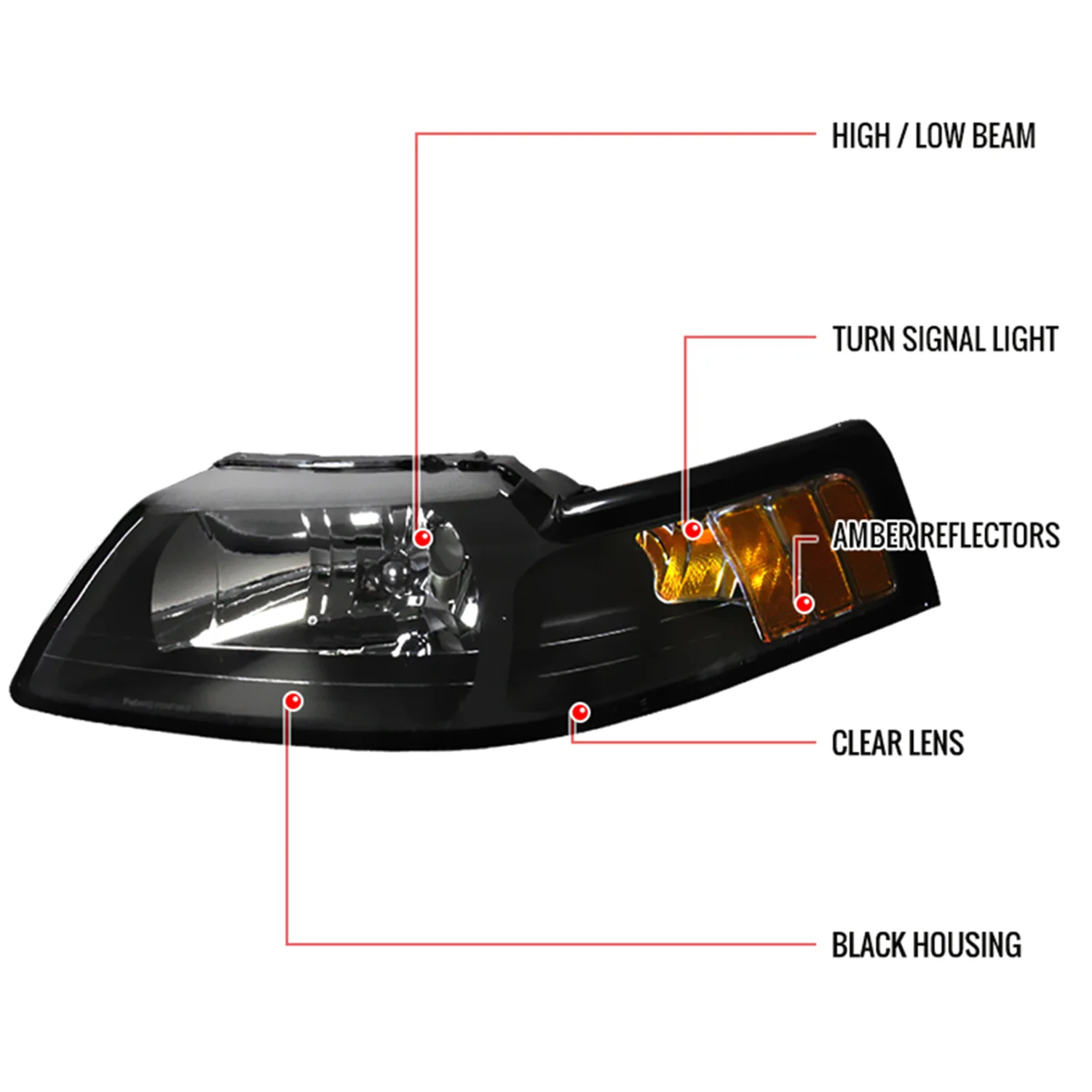 1999-2004 Ford Mustang Factory Headlights w/Amber ReflectorsMatte Black/Clear - Image 7