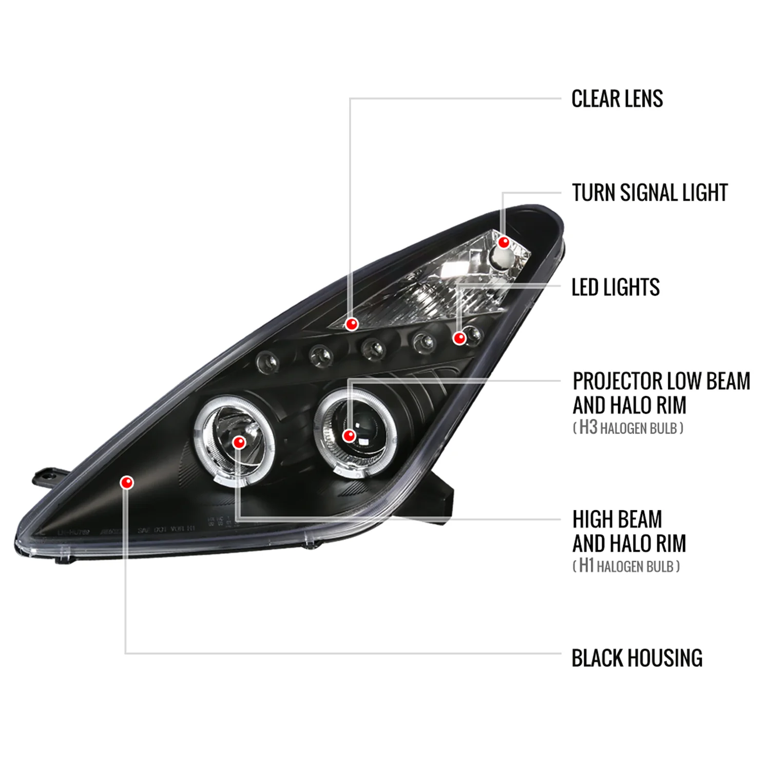 2000-2005 Toyota Celica Dual Halo Projector Headlights Matte Black/Clear Lens - Image 8