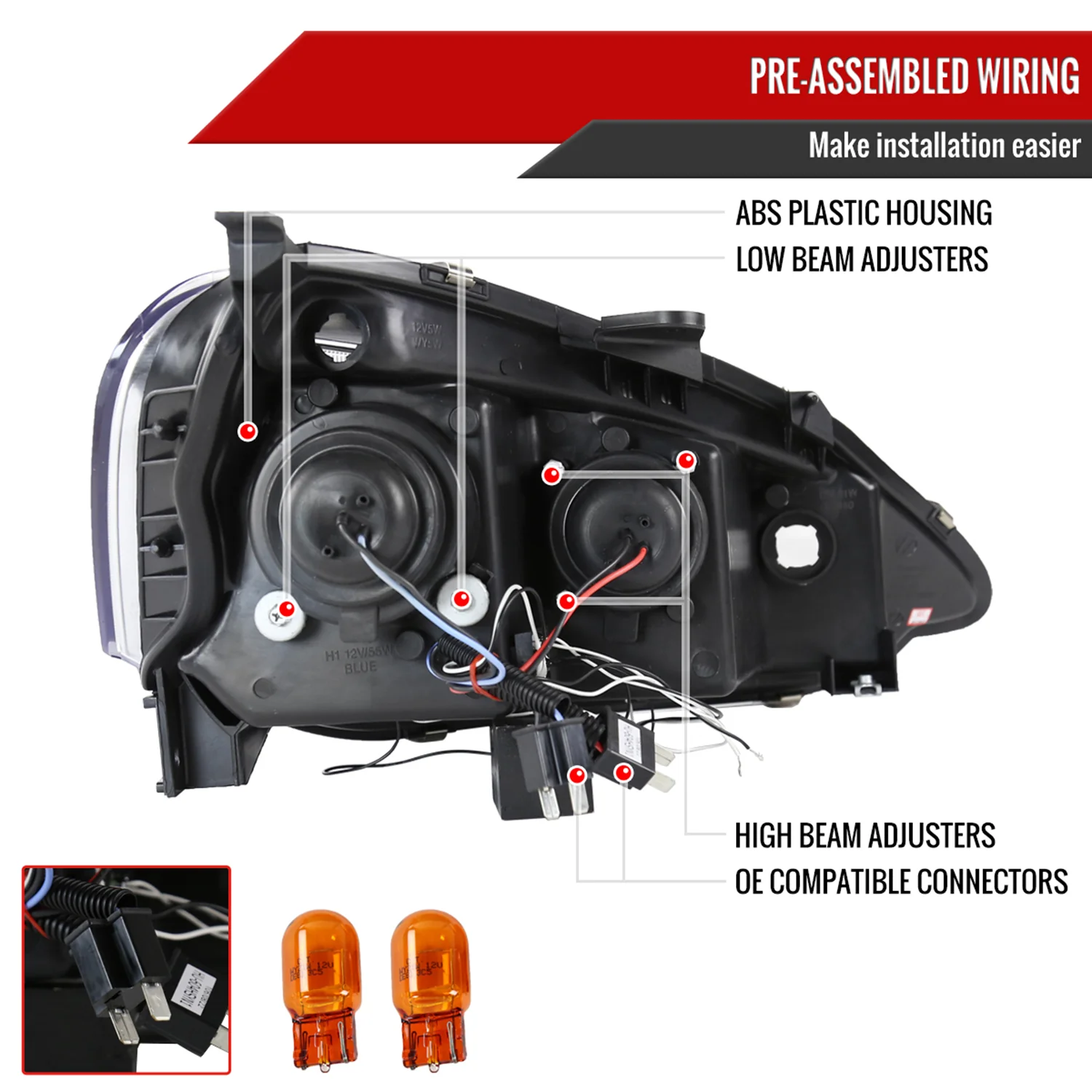 2002-2004 Acura RSX Dual Halo Projector Headlights Matte Black/Clear Lens - Image 7