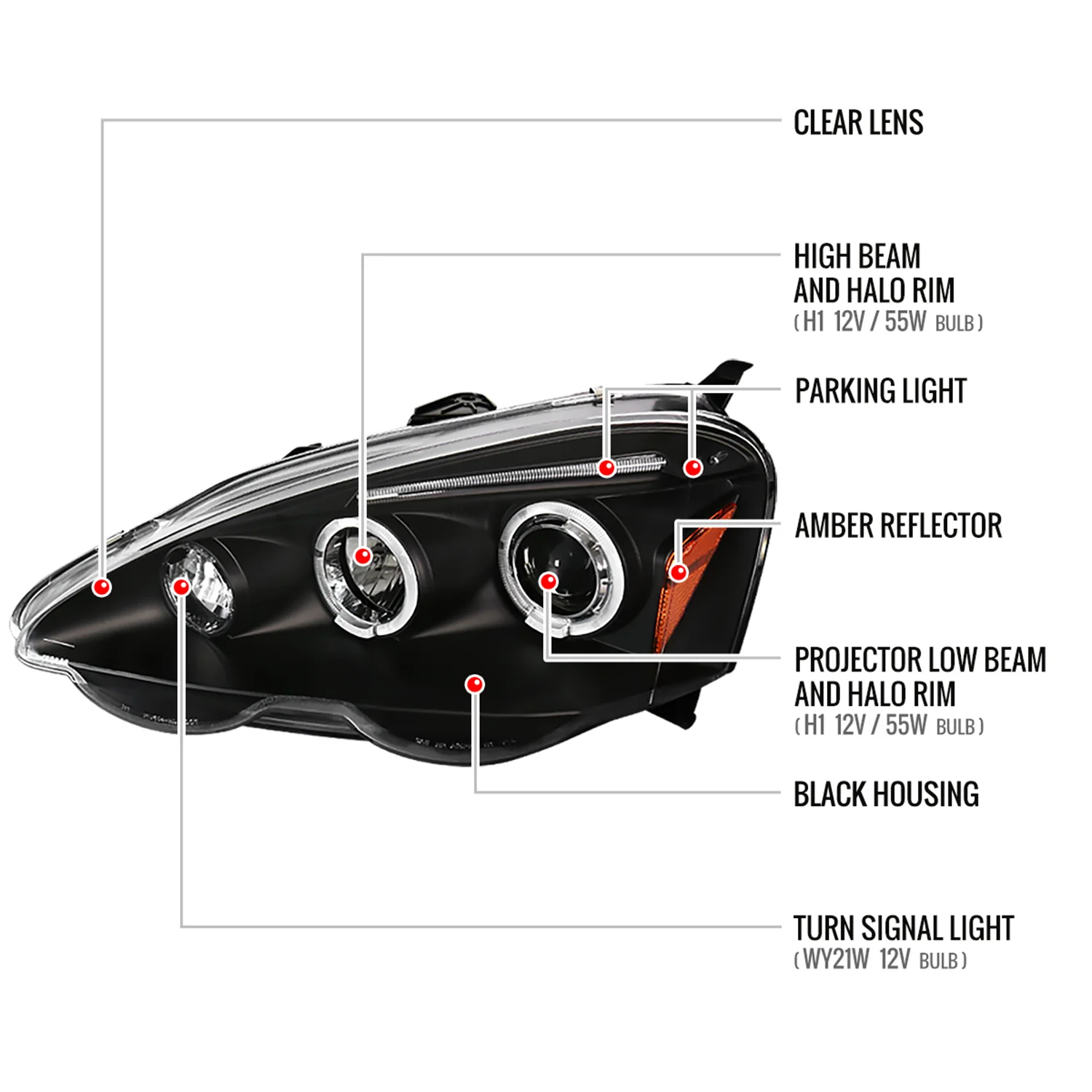 2002-2004 Acura RSX Dual Halo Projector Headlights Matte Black/Clear Lens - Image 8
