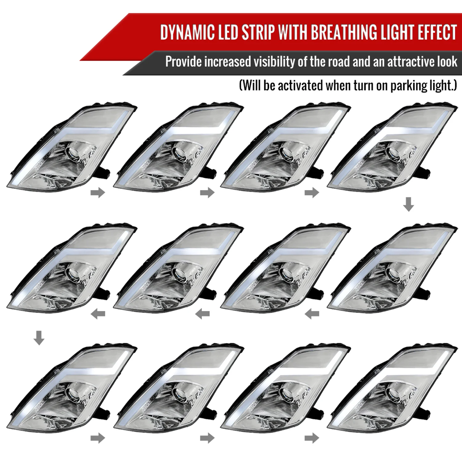 2003-2005 Nissan 350Z Signal Animated LED Bar Projector Headlights Chrome - Image 3