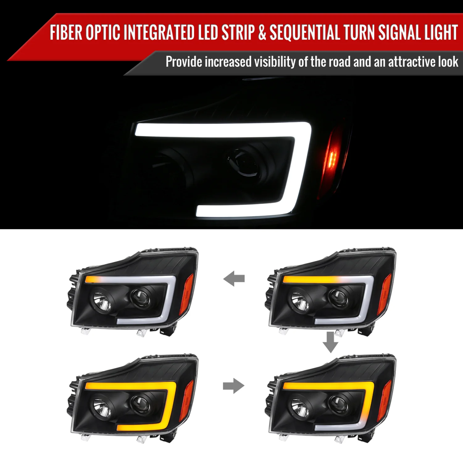 2004-2015 Nissan Titan / 04-2007 Armada LED C-Bar Headlights Signal Black - Image 2