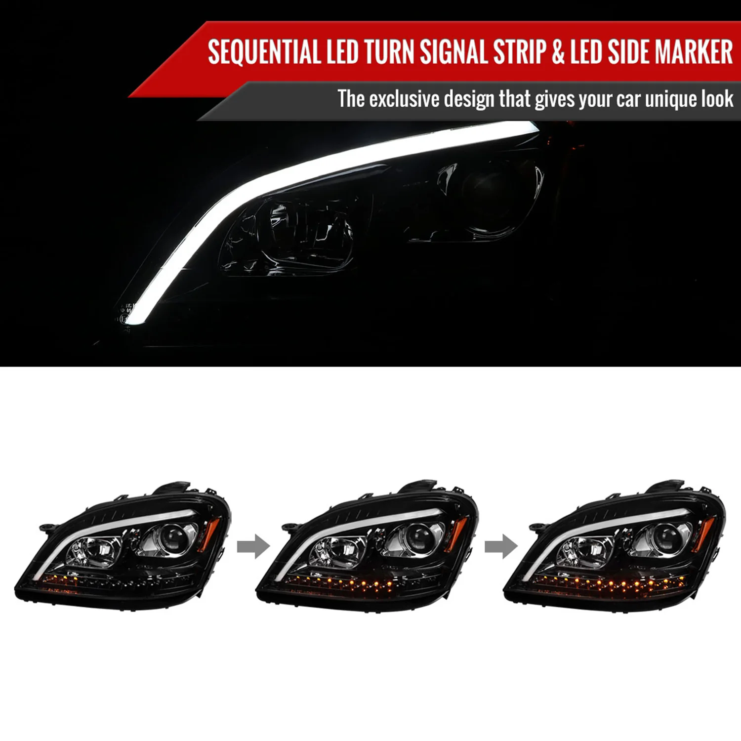 2006-2008 Mercedes W164 ML Class LED Bar Headlights Signal Lights Jet Black - Image 2