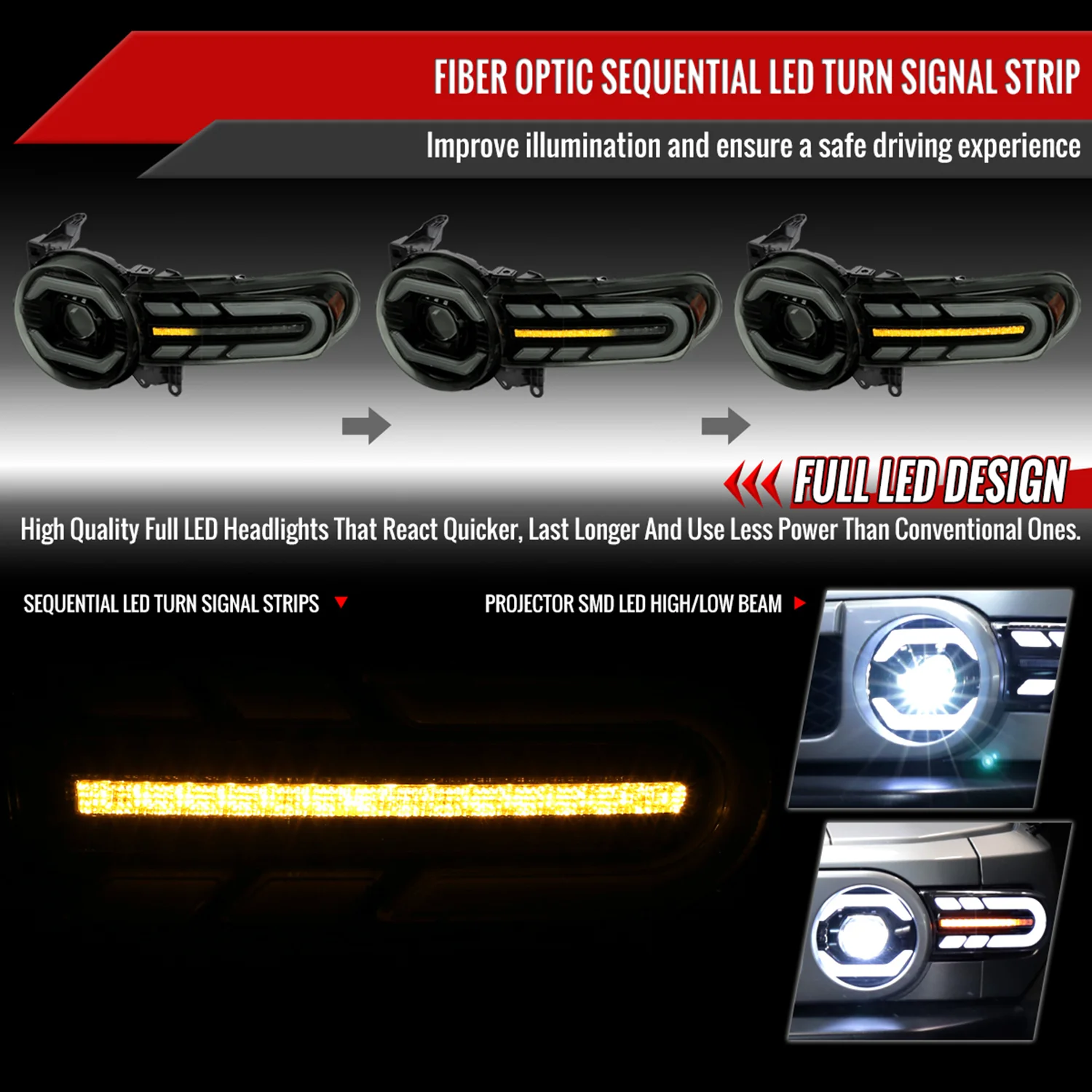 2007-2014 Toyota FJ Cruiser Full LED Projector Headlights LED Signal Smoke - Image 2