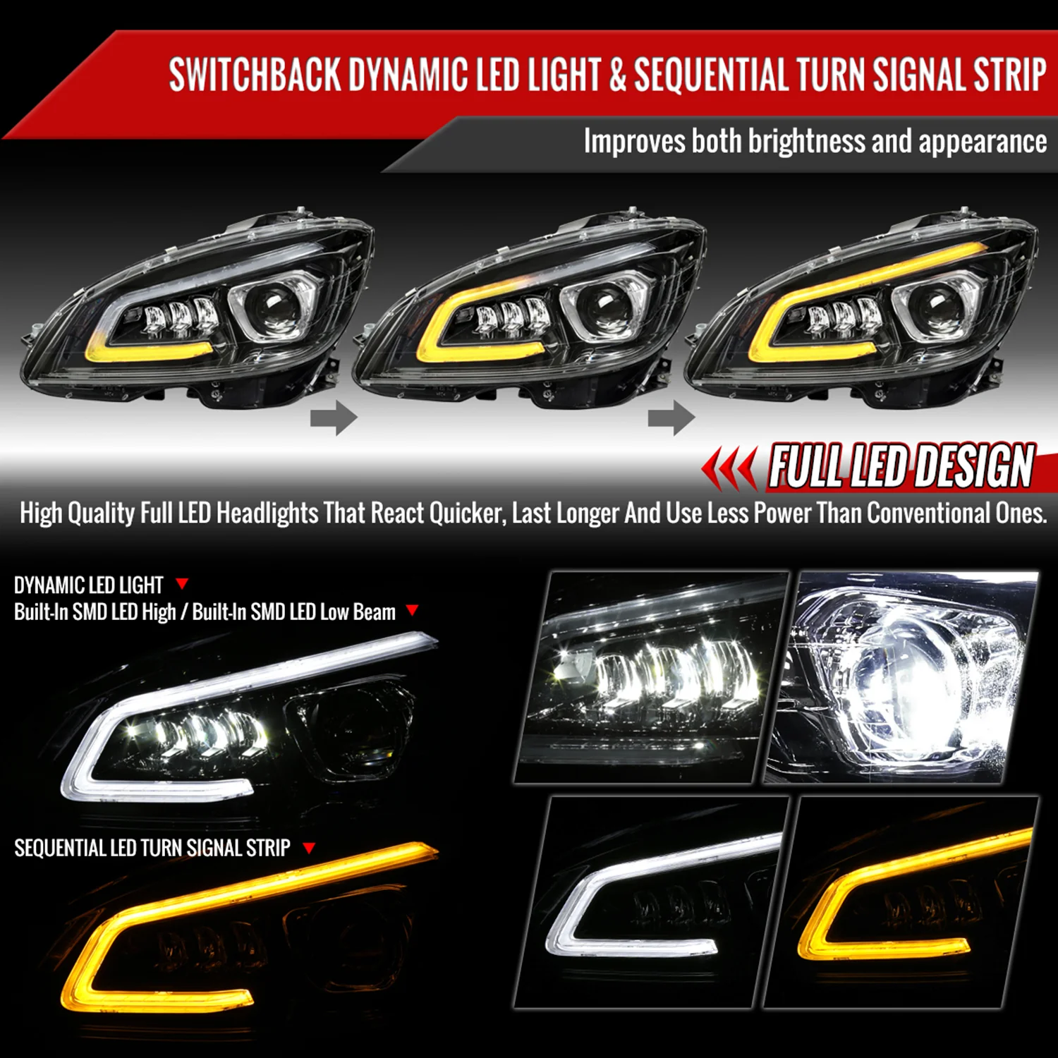 2008-2011 Mercedes Benz W204 C-Class Full LED Projector Headlights Black - Image 2