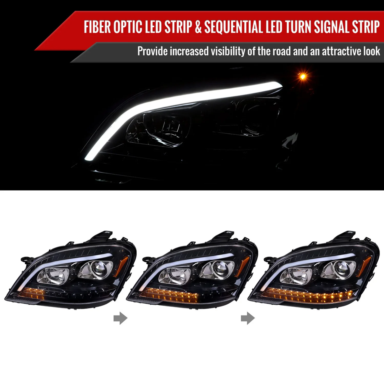 2009-2011 Mercedes Benz W164 ML-Class LED Sequetial Signal Headlights Black - Image 2