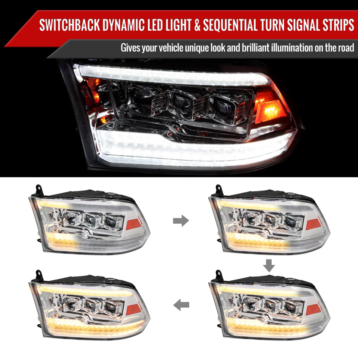 2009-2018 Dodge RAM 1500 / RAM 2500 3500 Full LED Switchback Headlights Chrome - Image 2