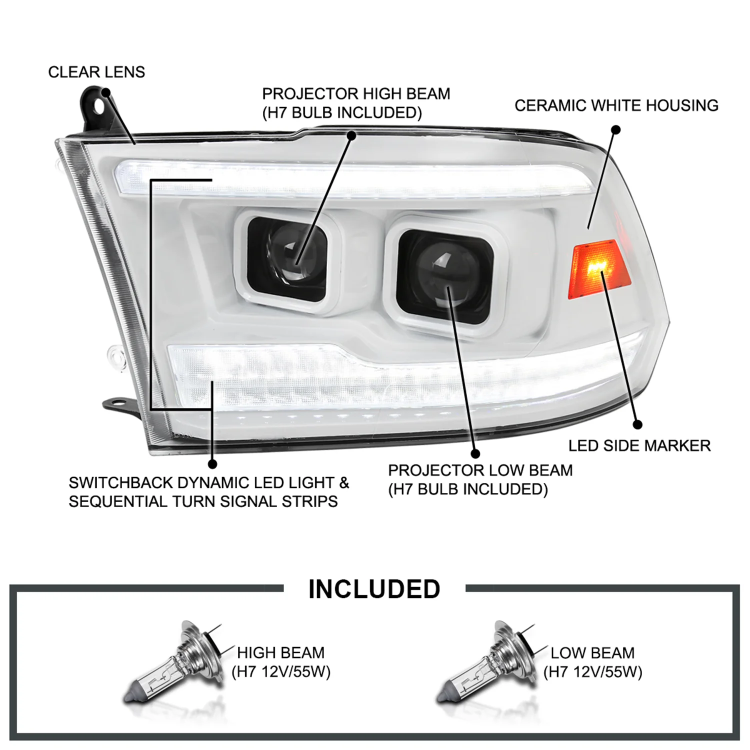 2009-2018 Dodge RAM 1500/ RAM 2500/3500 Headlights White Housing - Image 5