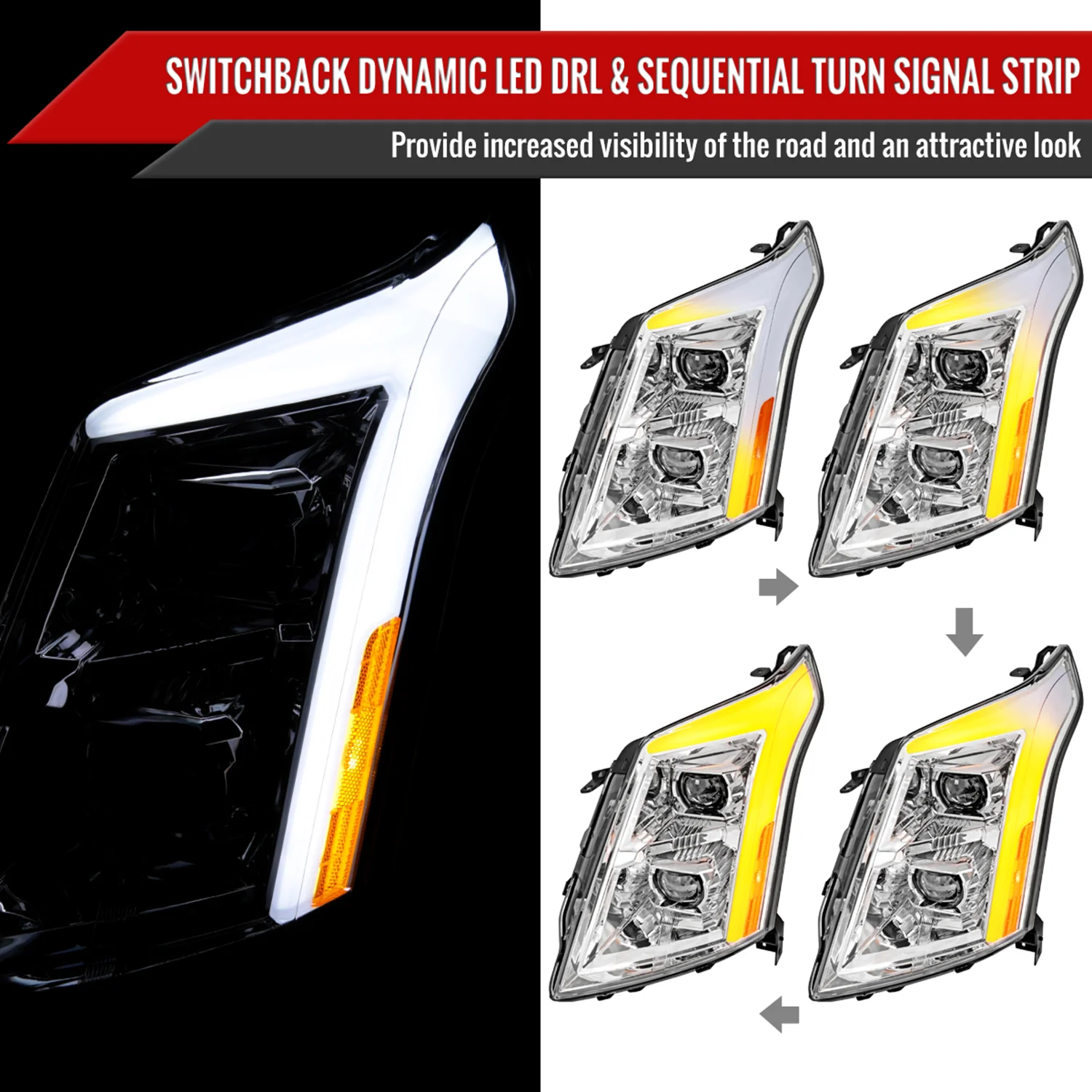 2010-2016 Cadillac SRX Full Sequential LED DRL Projector Headlights Chrome - Image 2