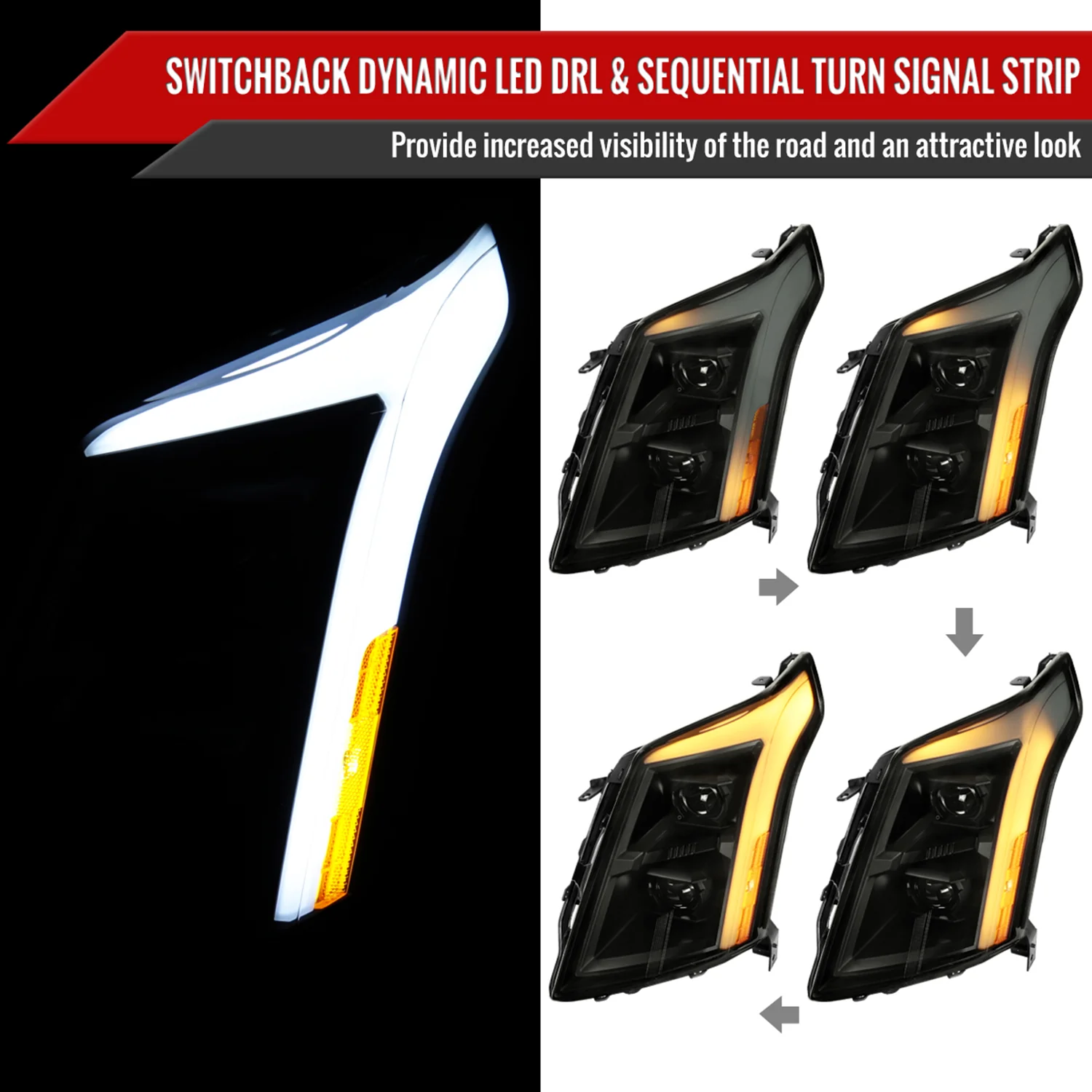 2010-2016 Cadillac SRX LED Projector Headlights Turn Signal Bar Black - Image 2