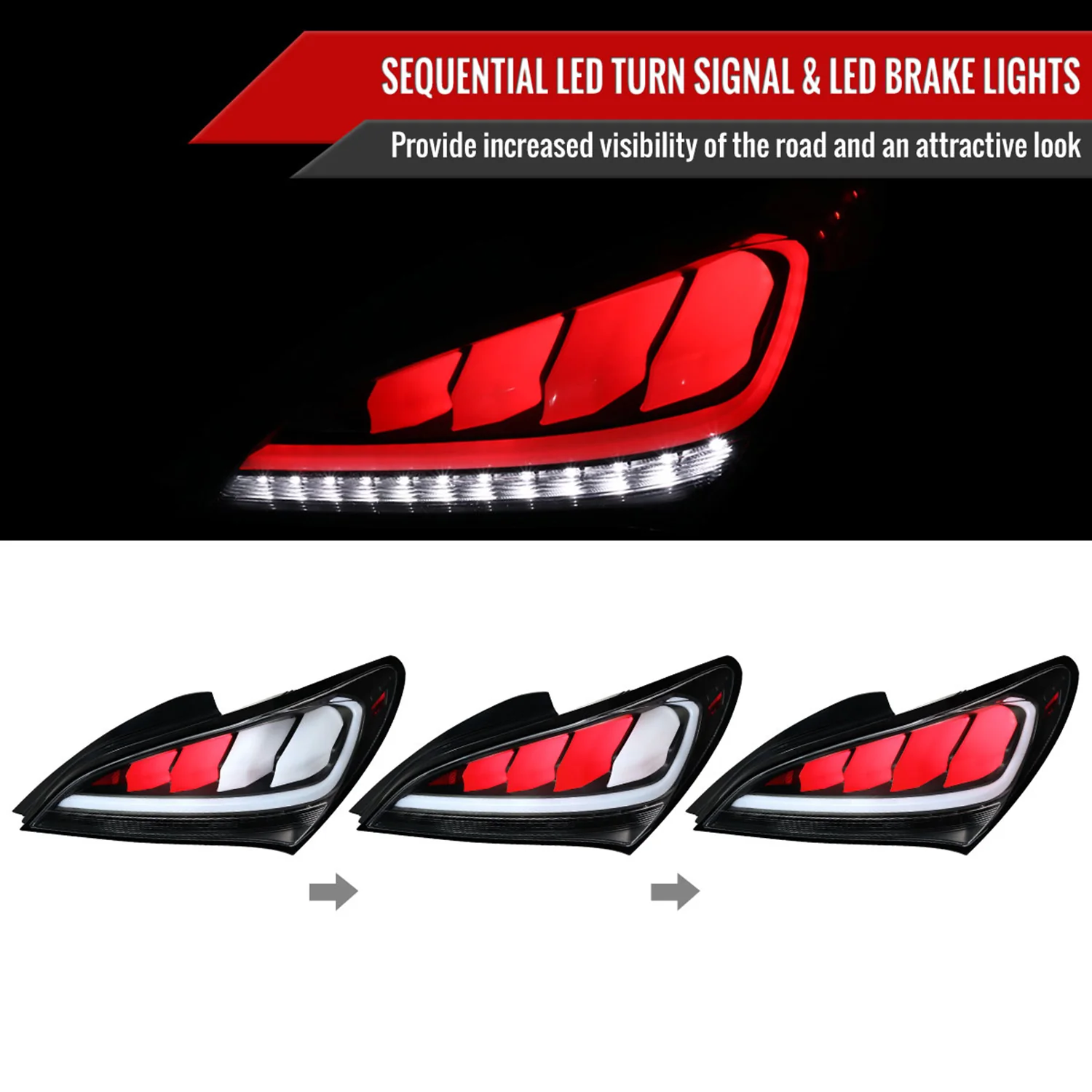 2010-2016 Hyundai Genesis Coupe White Bar LED Tail Lights Matt Black/Clear - Image 2