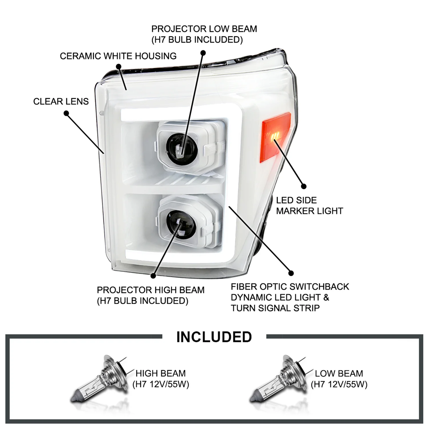 2011-2016 Ford F-250/350/450/550 LED CBar Projector Headlights White Housing - Image 6