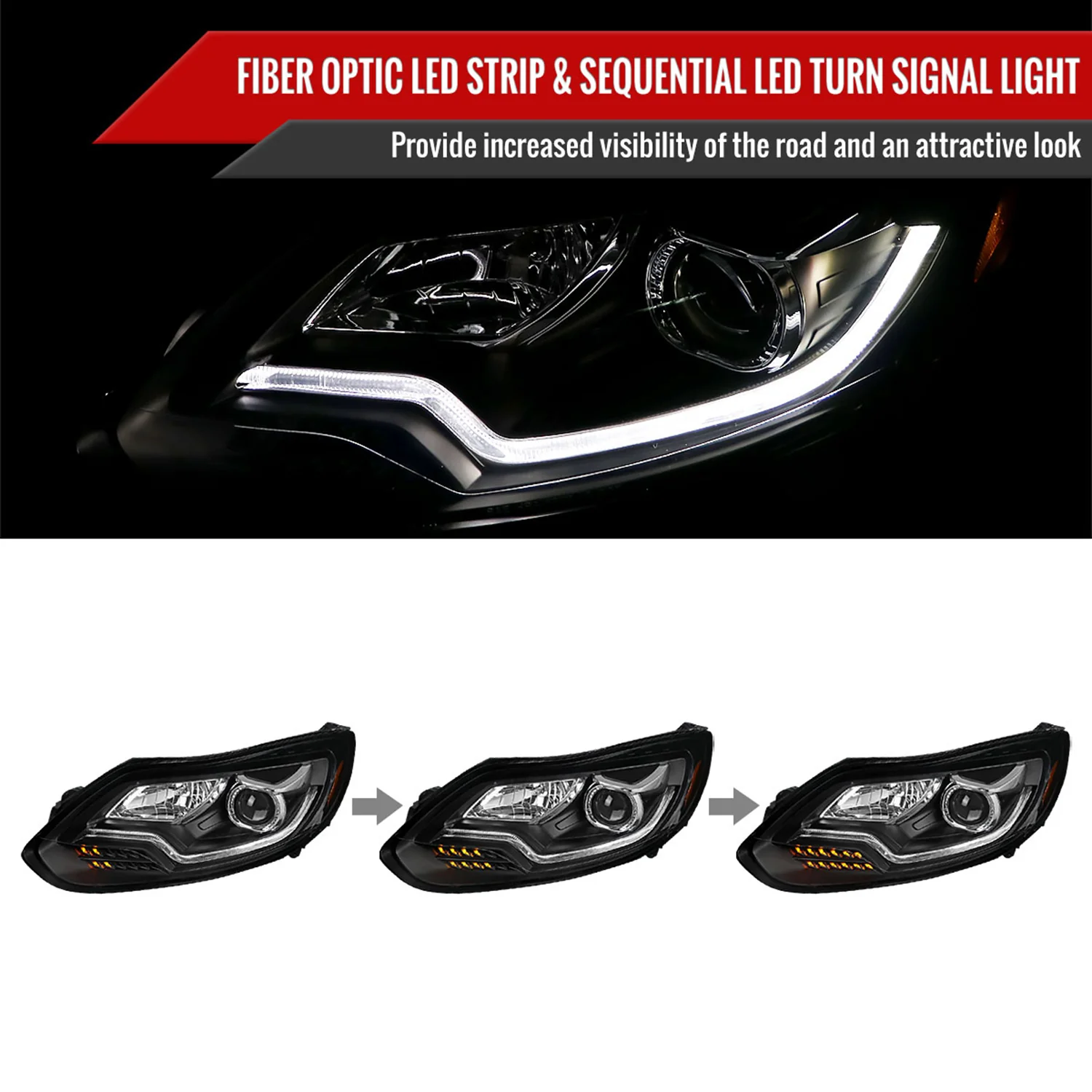 2012-2014 Ford Focus Projector Headlights LED Light & Turn Signal Lights Black - Image 2