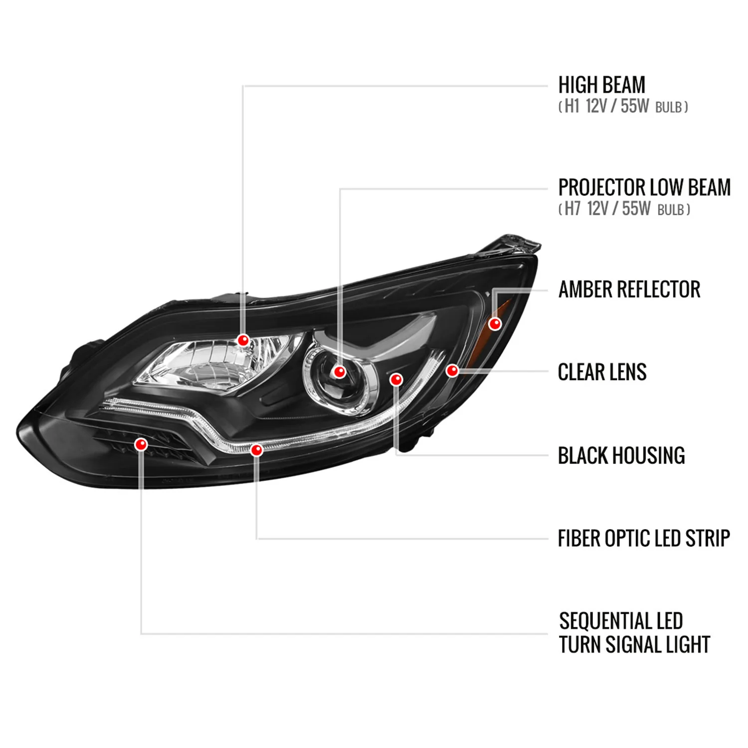 2012-2014 Ford Focus Projector Headlights LED Light & Turn Signal Lights Black - Image 8