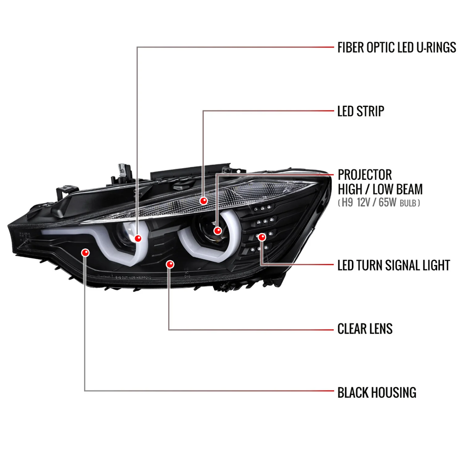 2012-2015 BMW F30 3 Series Sedan Dual U-Bar Headlights LED Signal Lights Black - Image 8