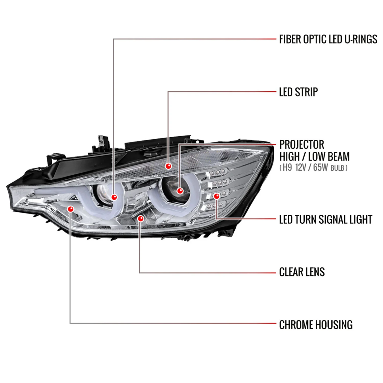2012-2015 BMW F30 3 Series Sedan Dual U-Bar Headlights LED Signal Lights Chrome - Image 8