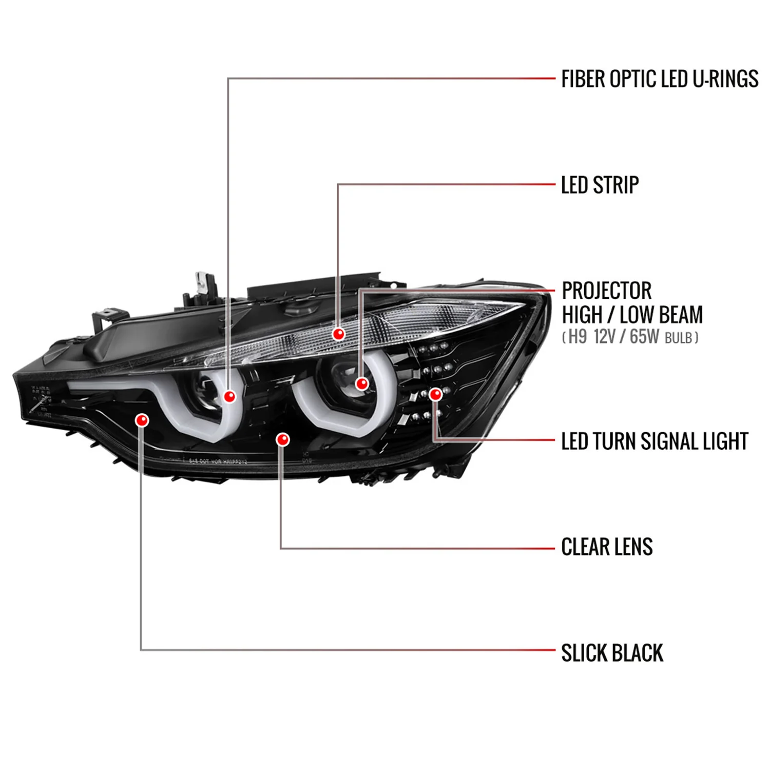 2012-2015 BMW F30 3 Series Sedan Dual U-Bar Headlights LED Signal Lights Jet Black - Image 8