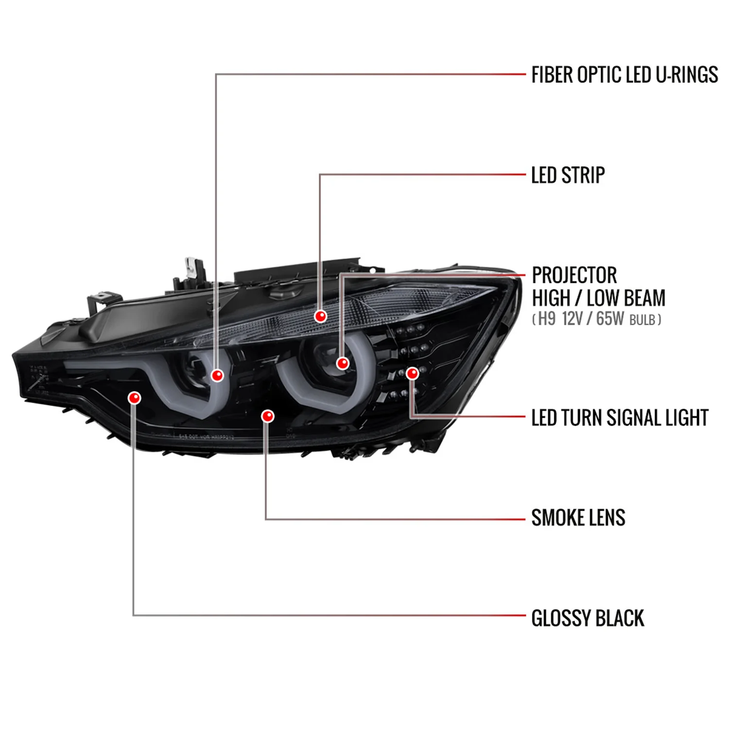 2012-2015 BMW F30 3 Series Sedan Dual U-Bar Headlights LED Signal Lights Smoke - Image 8