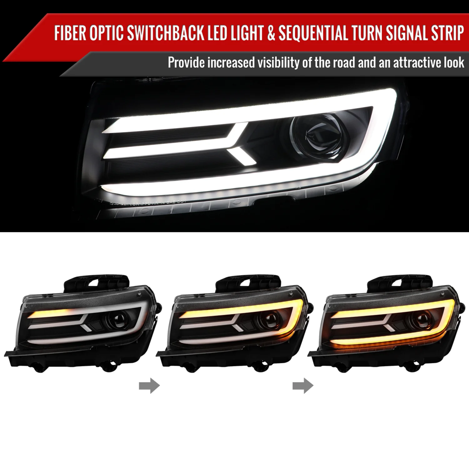 2014-2015 Chevy Camaro LED Projector Headlights Turn Signal Lights Matte Black - Image 2
