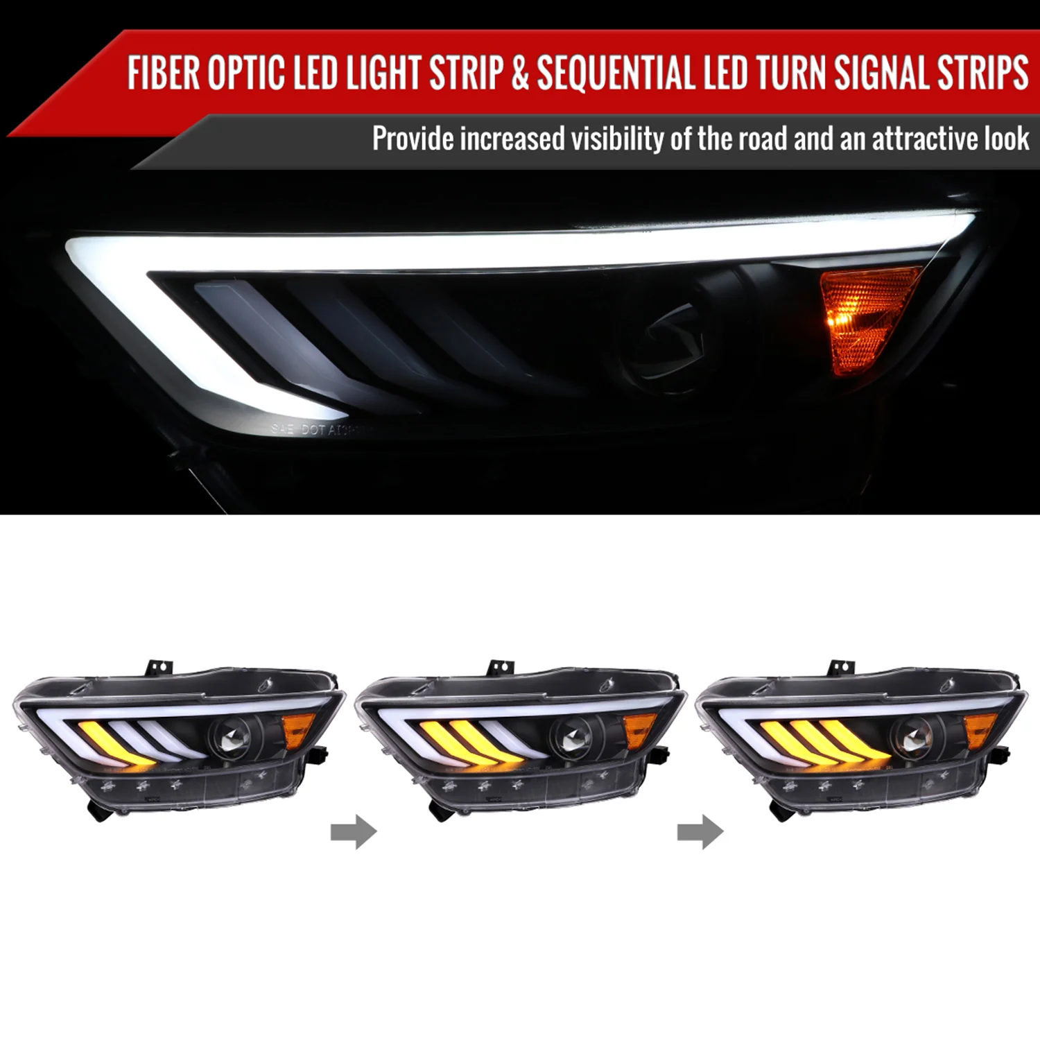 2015-2017 Ford Mustang HID-Type LED Turn Signal Projector Headlights Black - Image 2