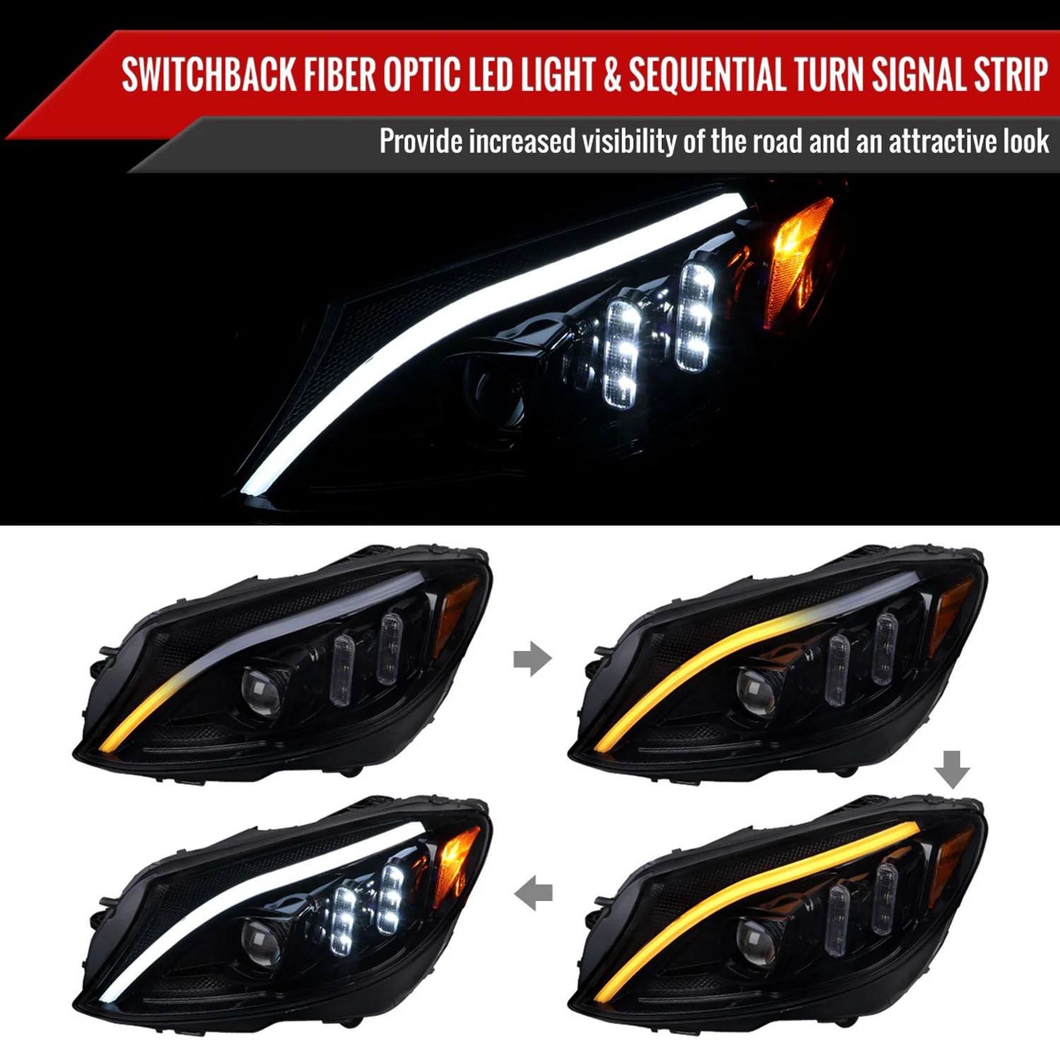 2015-2018 Mercedes-Benz C-Class W205 Signal Headlights Black/Light Smoke - Image 2