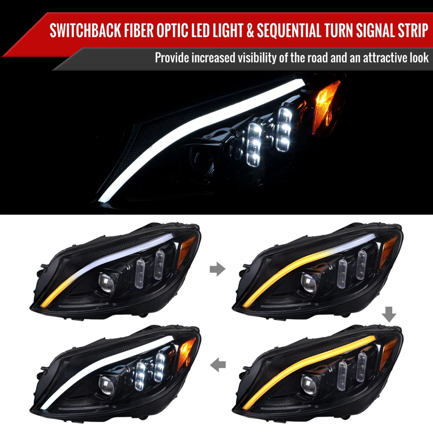 2015-2018 Mercedes-Benz C-Class W205 Signal Projector Headlights Jet Black - Image 2