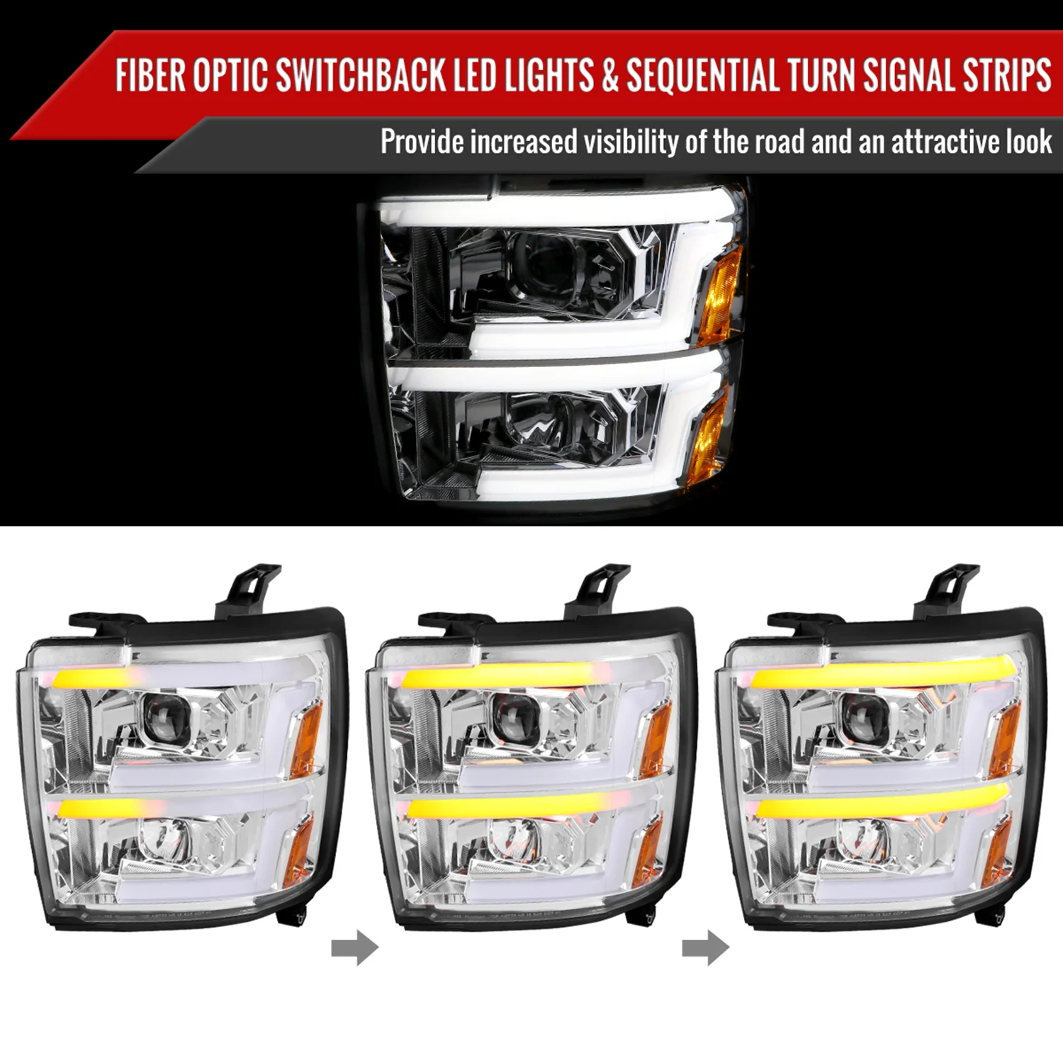 2015-2019 Chevy Silverado 2500HD/3500HD LED Signal Projector Headlights Chrome - Image 2