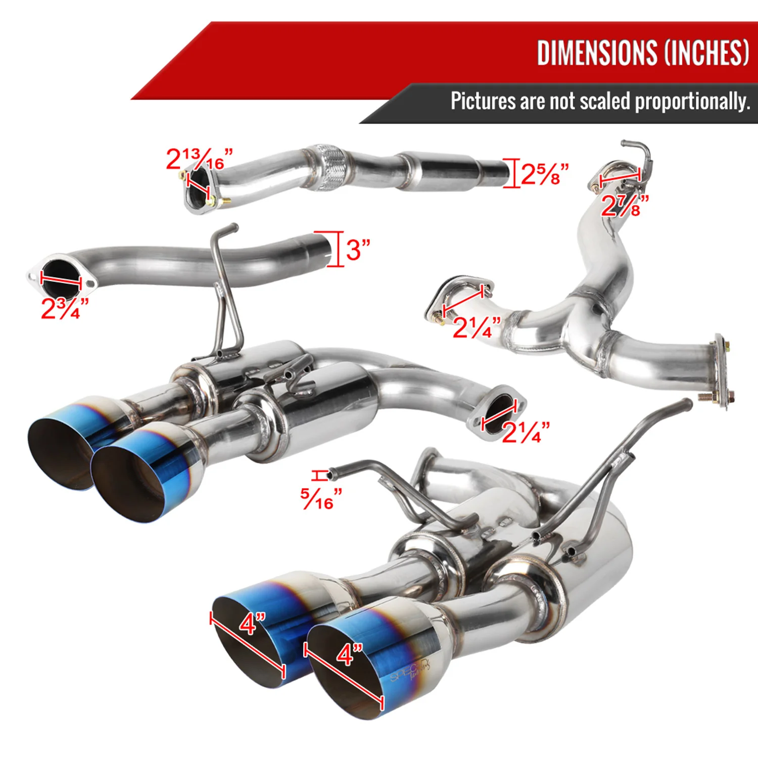 2015-2022 Subaru WRX STI 4" Quad Tip Steel Catback Exhaust System w/ Burnt Tip - Image 2