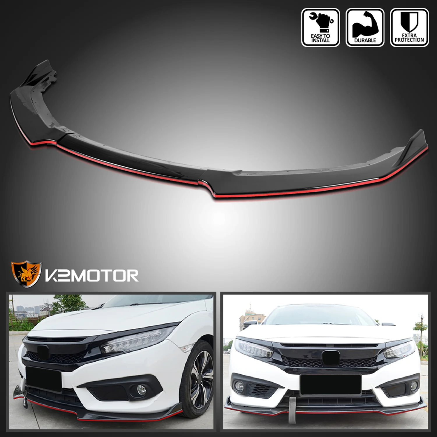 2016-2018 Honda Civic Sedan Black/Red Trim Front Bumper Lip Splitter Kit - Image 2