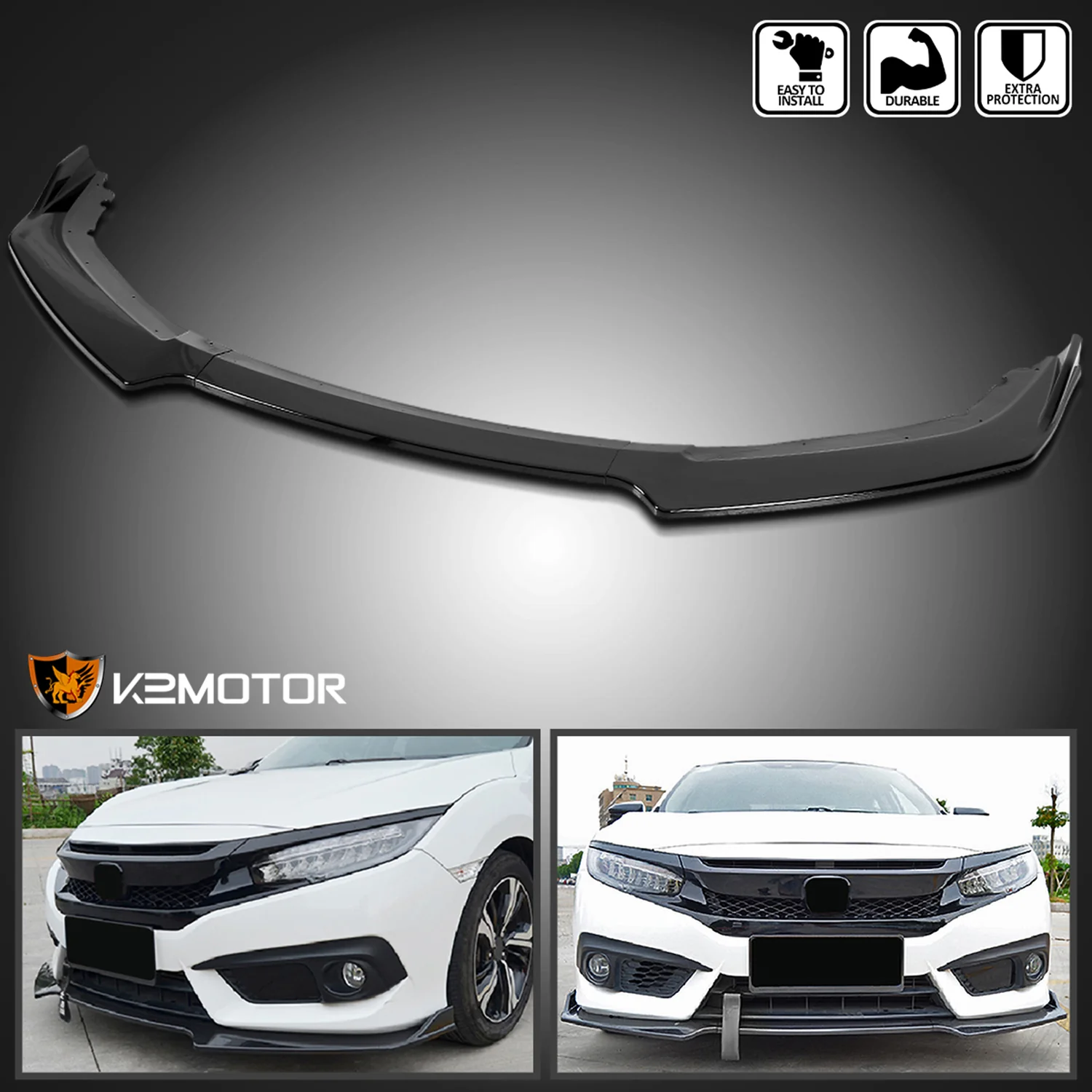 2016-2018 Honda Civic Sedan Glossy Black Polypropylene 3Pcs Bumper Lip - Image 2