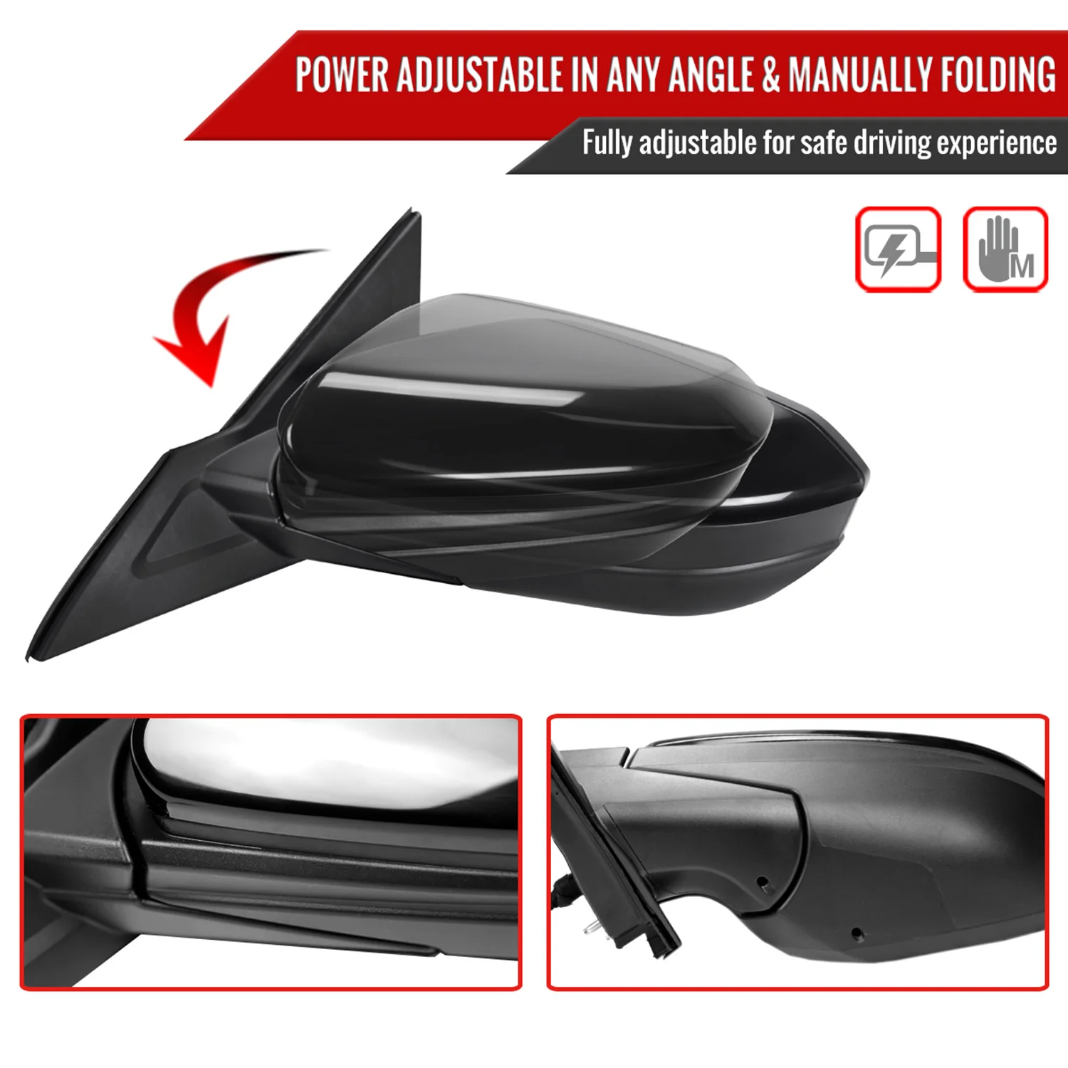 2016-2020 Honda Civic Driver/Left 3-Pin Glossy Black Adjustable Side Mirror - Image 2