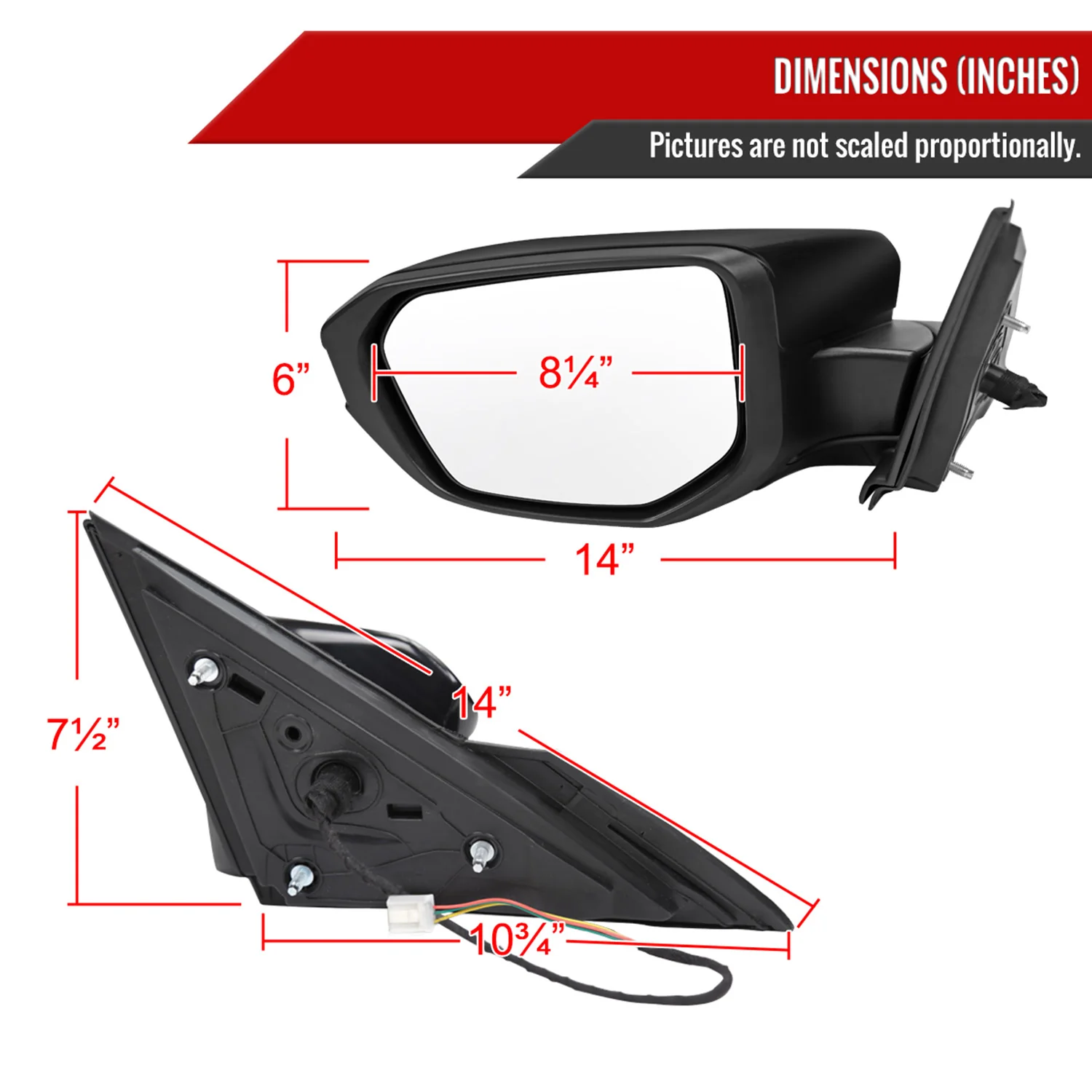 2016-2020 Honda Civic Driver/Left 3-Pin Glossy Black Adjustable Side Mirror - Image 8