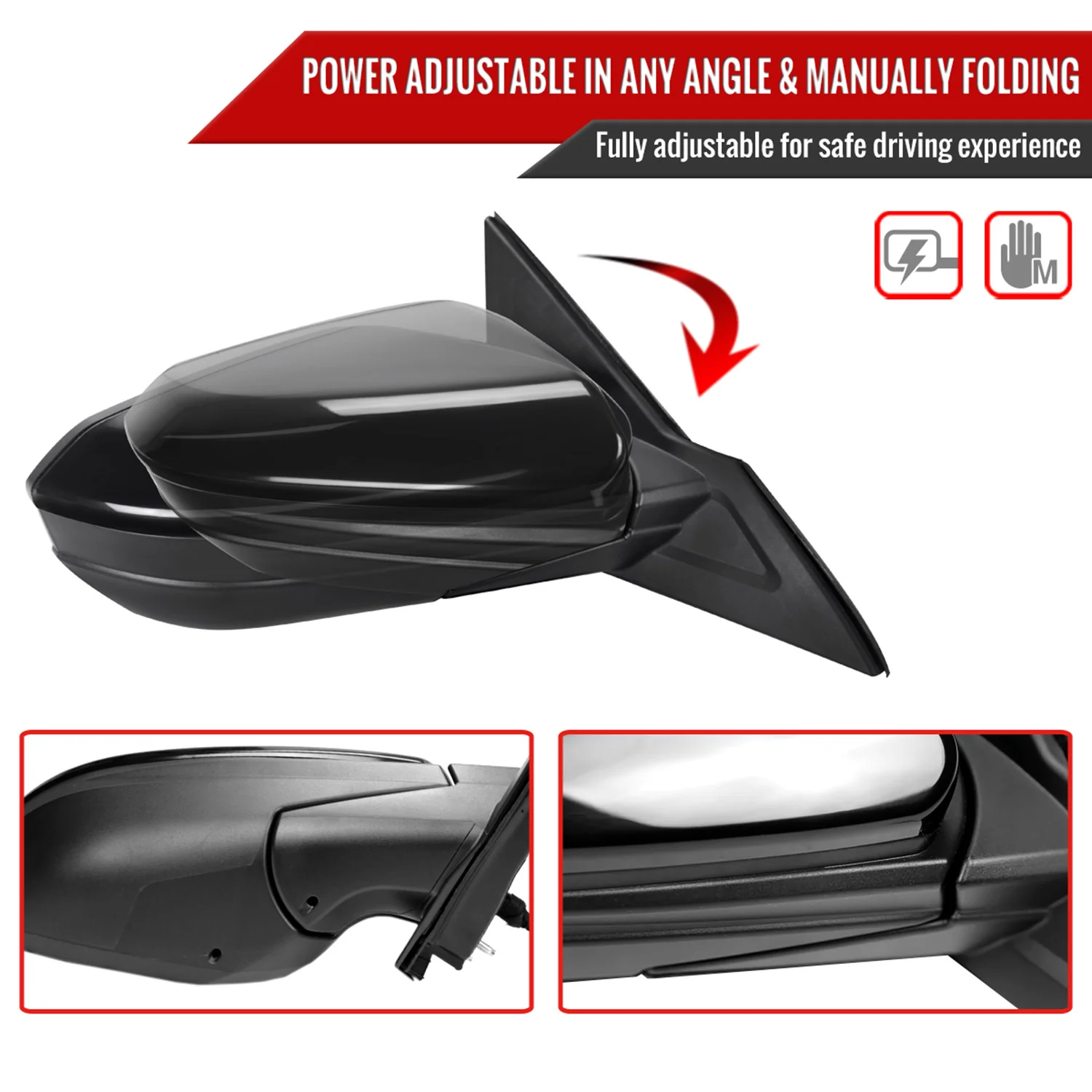 2016-2020 Honda Civic Passenger/Right 3Pin Glossy Black Adjustable Side Mirror - Image 2