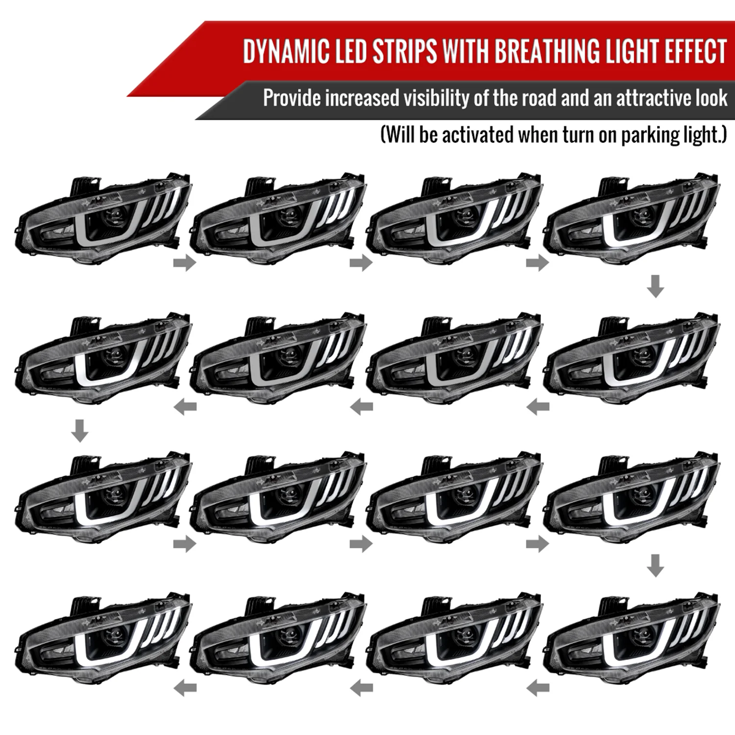2016-2021 Honda Civic LED Headlights LED Sequential Turn Signal Matt Black - Image 3