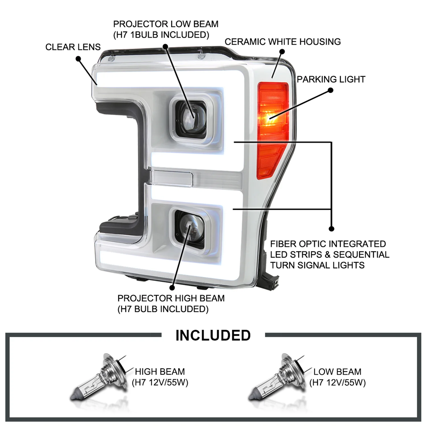 2017-2019 Ford F-250/350/450/550 LED C-Bar Headlights Signal White Housing - Image 6