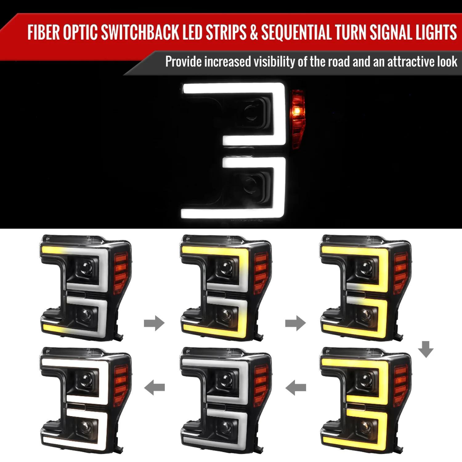 2017-2019 Ford F-250 F-350 F-450 F-550 LED C-Bar Headlights Signal Black - Image 2