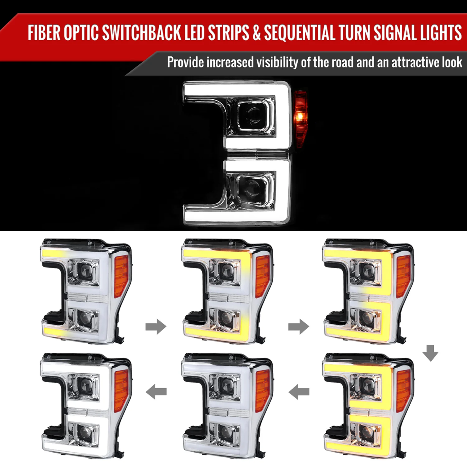 2017-2019 Ford F-250 F-350 F-450 F-550 LED C-Bar Headlights Signal Chrome - Image 2