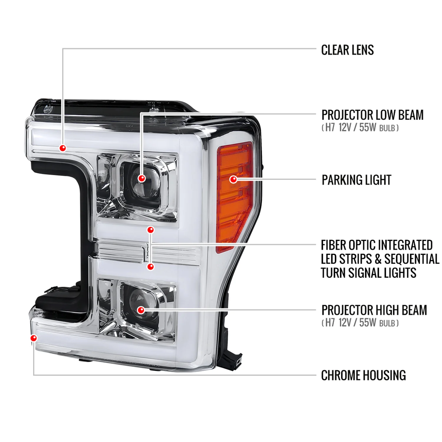 2017-2019 Ford F-250 F-350 F-450 F-550 LED C-Bar Headlights Signal Chrome - Image 8